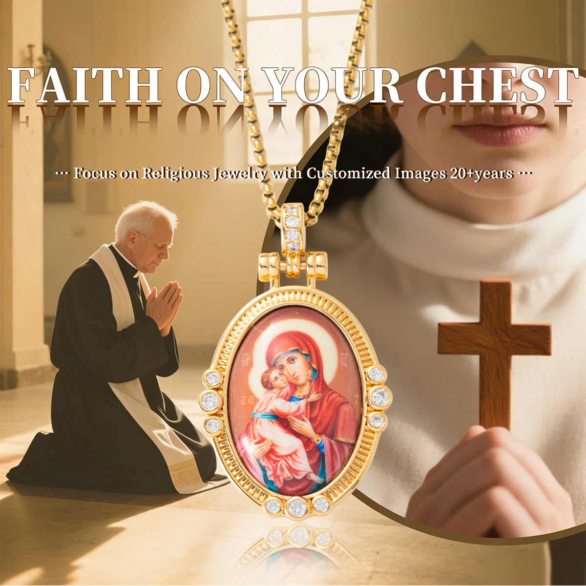 GIVELUCK 18k Plated Gold Pendant Necklace Enamel Eternal Halo Virgin Mary Miraculous Medal for Women and Men