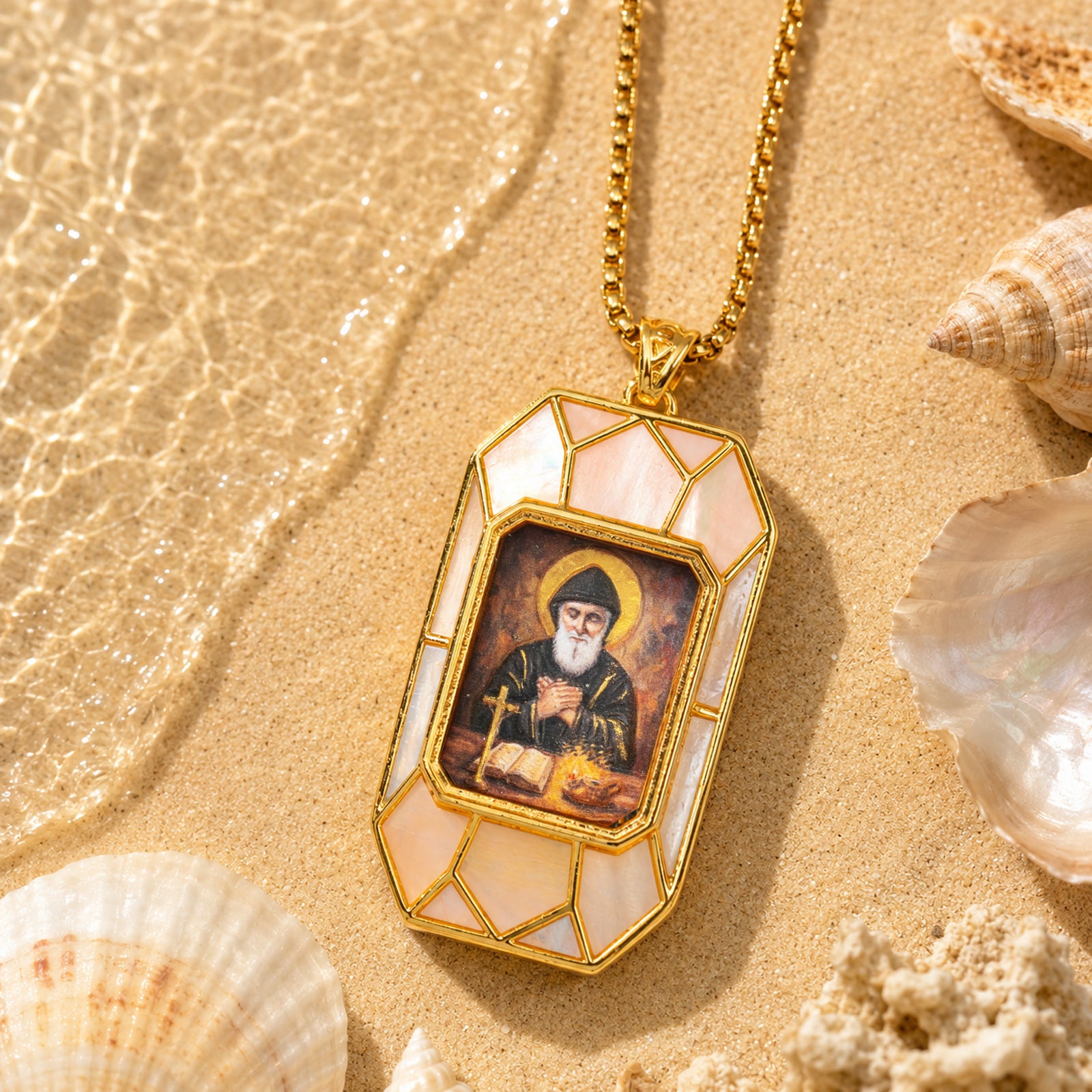 Saint Charbel Necklace, Hand-Painted Icon Pendant, 18K Gold Plated, Turquoise or Mother of Pearl