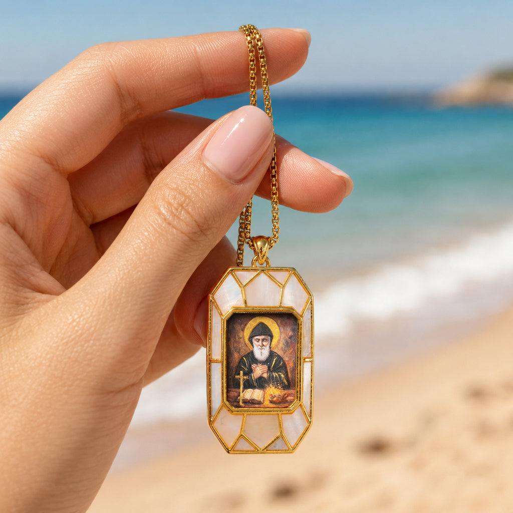 Saint Charbel Necklace, Hand-Painted Icon Pendant, 18K Gold Plated, Turquoise or Mother of Pearl