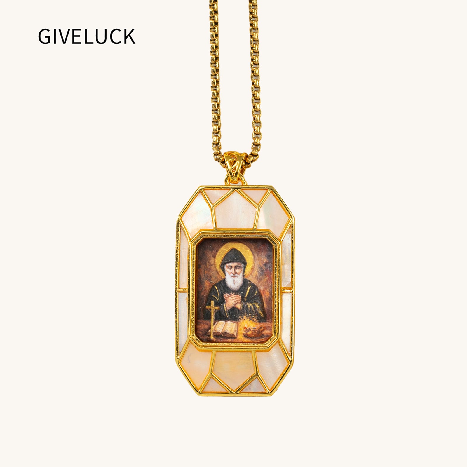 Saint Charbel Necklace, Hand-Painted Icon Pendant, 18K Gold Plated, Turquoise or Mother of Pearl