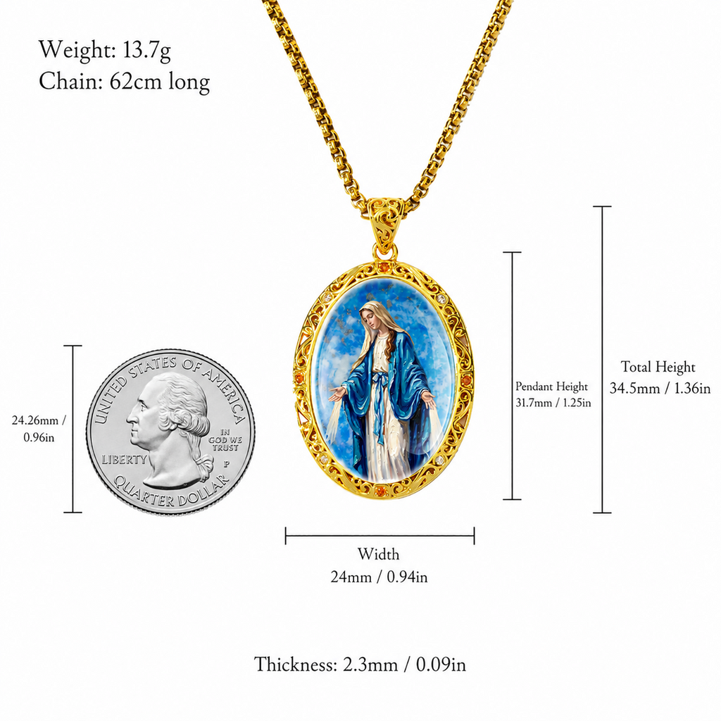 Miraculous Medal Necklace, Lapis Lazuli Pendant, 18K Gold Plated Catholic Jewelry (Round or Oval)