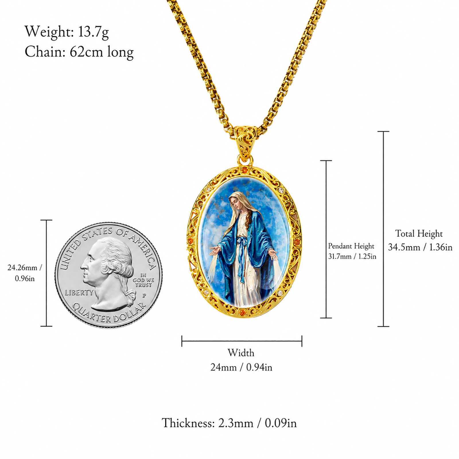 Miraculous Medal Necklace, Lapis Lazuli Pendant, 18K Gold Plated Catholic Jewelry (Round or Oval)