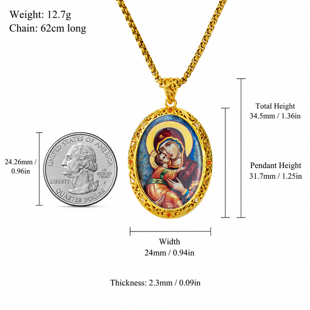 Hand-Painted Virgin Mary Icon Necklace, Mother of Pearl, Lapis Lazuli, Orthodox Christian Gift