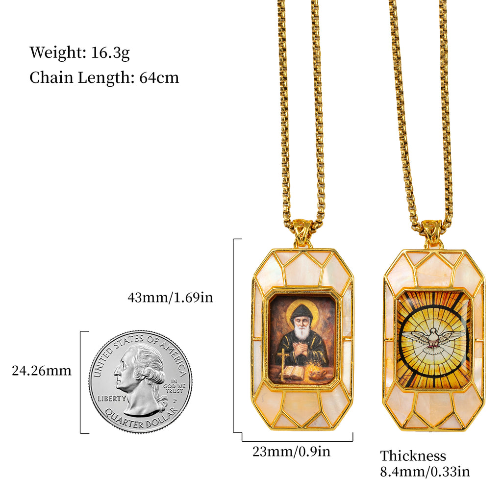 Saint Charbel Necklace, Hand-Painted Icon Pendant, 18K Gold Plated, Turquoise or Mother of Pearl