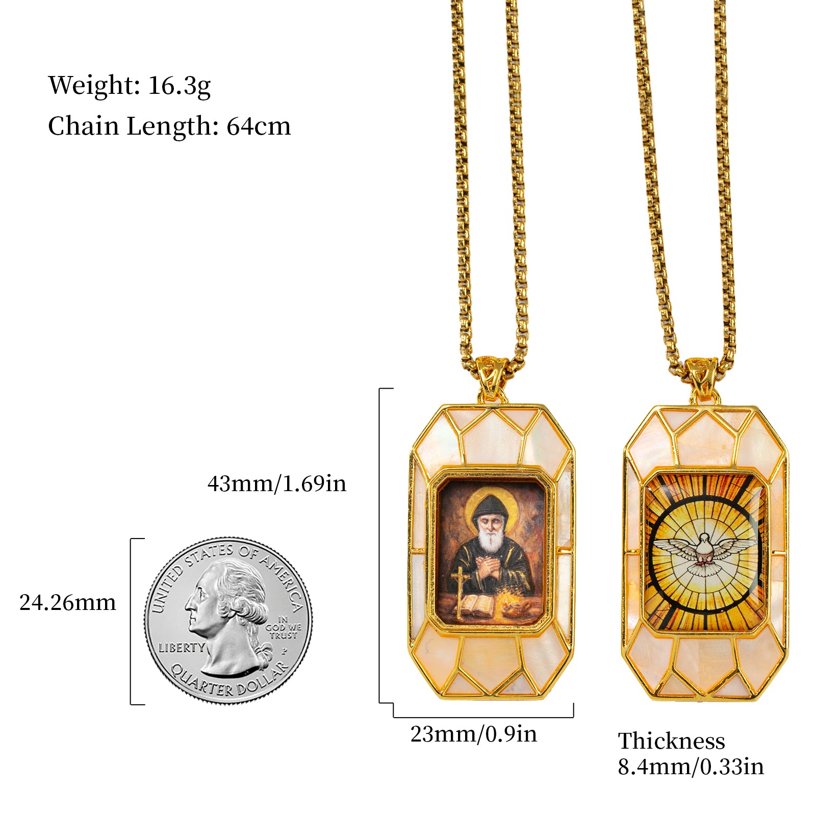 Saint Charbel Necklace, Hand-Painted Icon Pendant, 18K Gold Plated, Turquoise or Mother of Pearl