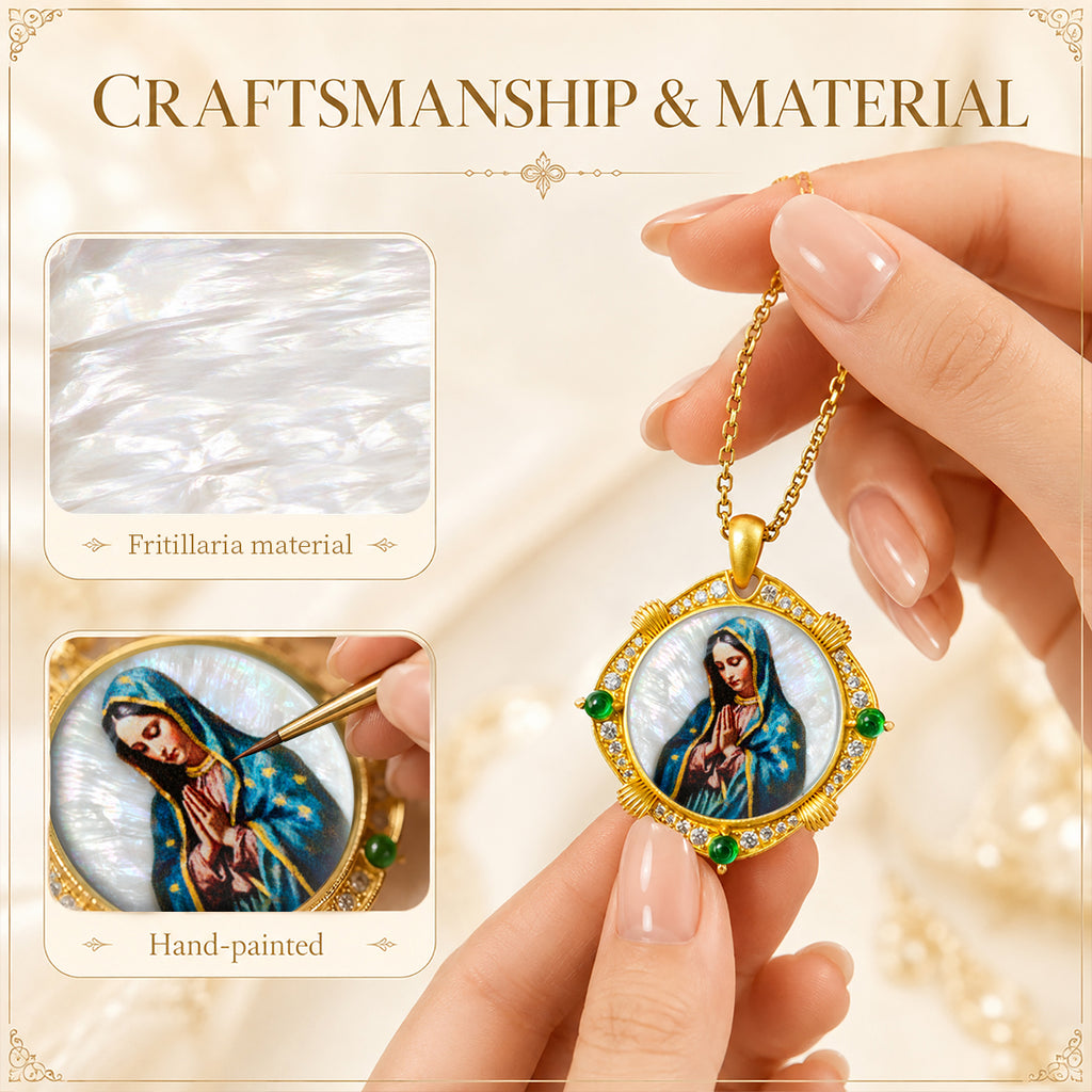 GIVELUCK Our Lady of Guadalupe Virgin Mary Miraculous Medal Necklace for Men & Women, 18K Gold Plated Mother of Pearl Saint Christopher Pendant with Zircon, Catholic Protection Jewelry Gift
