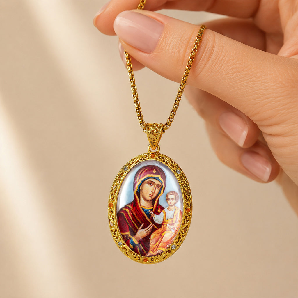 Hand-Painted Virgin Mary Icon Necklace, Mother of Pearl, Lapis Lazuli, Orthodox Christian Gift