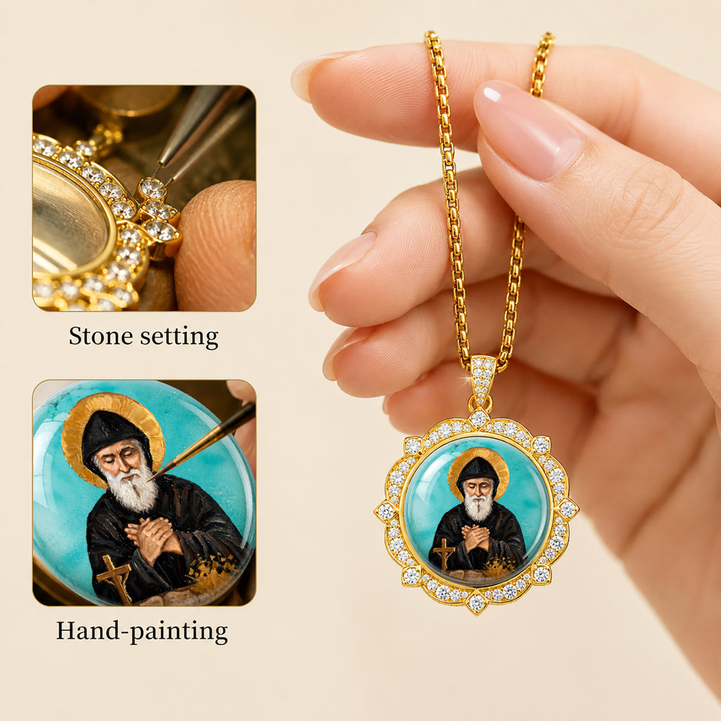 GIVELUCK St. Charbel Necklace for Men & Women, 18K Gold Plated Turquoise St. Charbel Pendant with Zircon, Catholic Protection Jewelry Gift