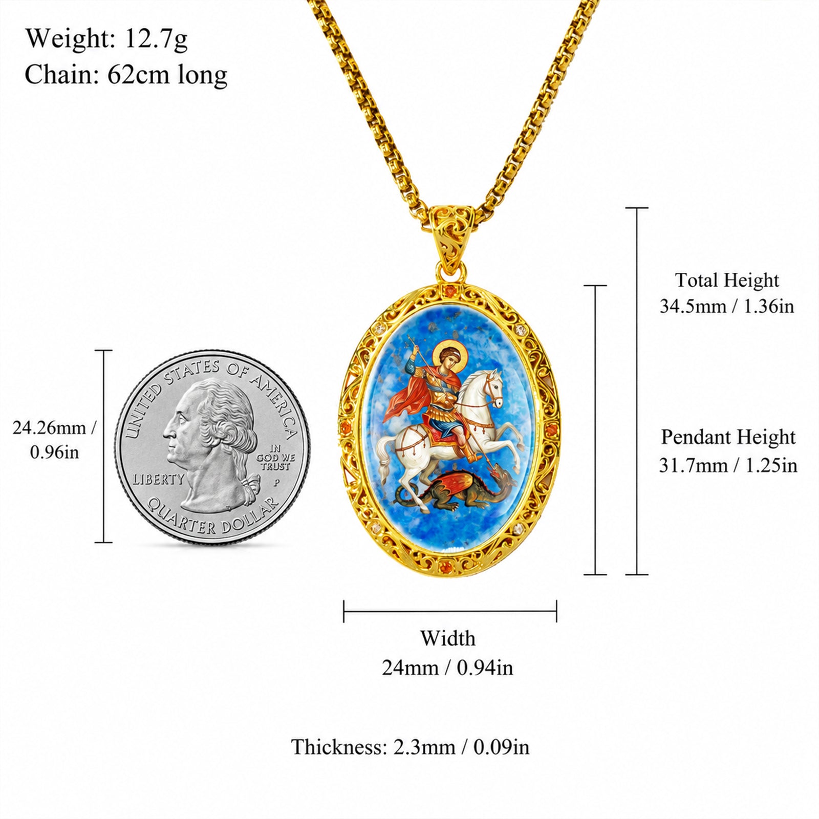 Saint George Medal Pendant, 18K Gold Plated Lapis Lazuli Catholic Jewelry