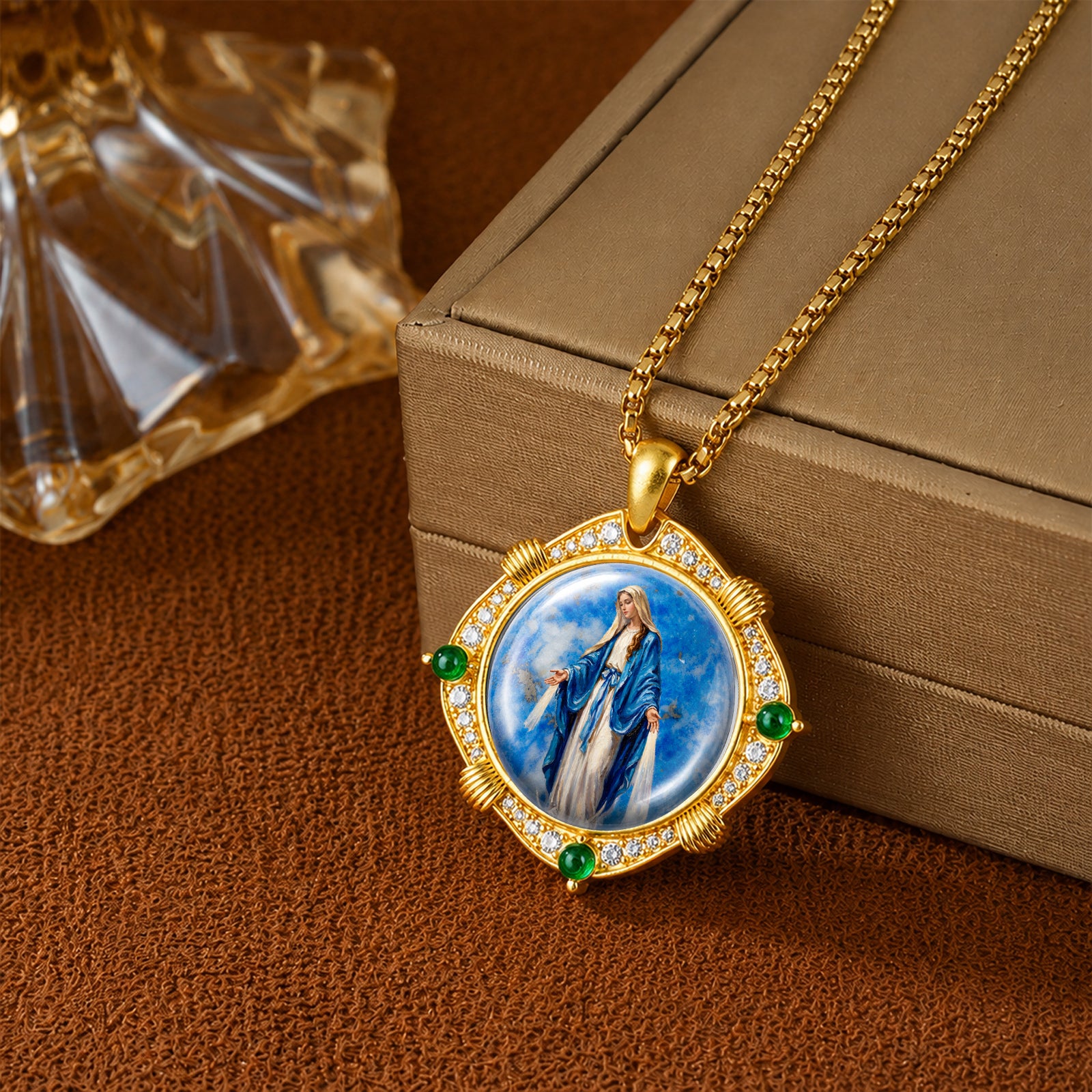 Miraculous Medal Necklace, Lapis Lazuli Pendant, 18K Gold Plated Catholic Jewelry (Round or Oval)