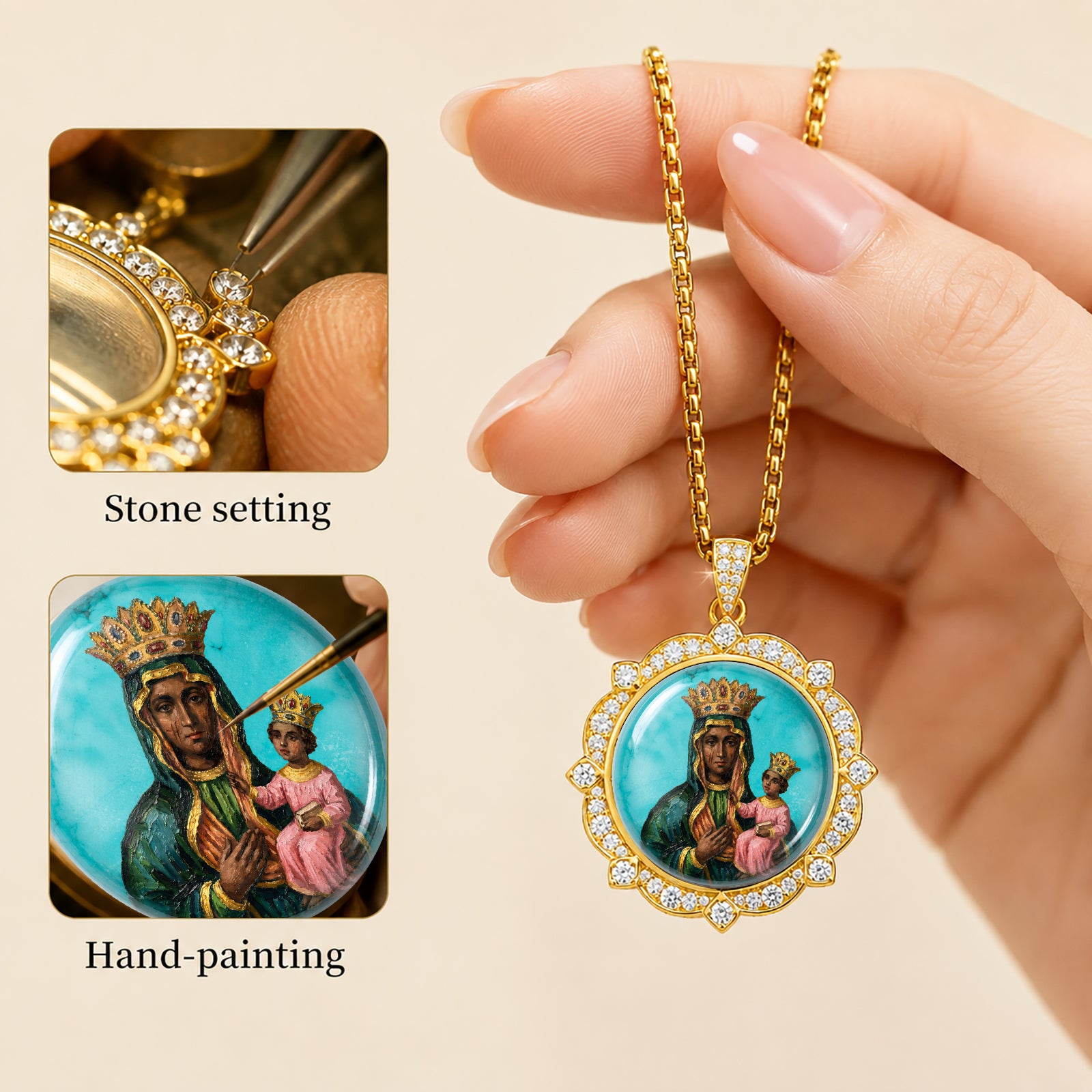 GIVELUCK Black Madonna Necklace for Men & Women, 18K Gold Plated Turquoise Black Madonna Pendant with Zircon, Catholic Protection Jewelry Gift