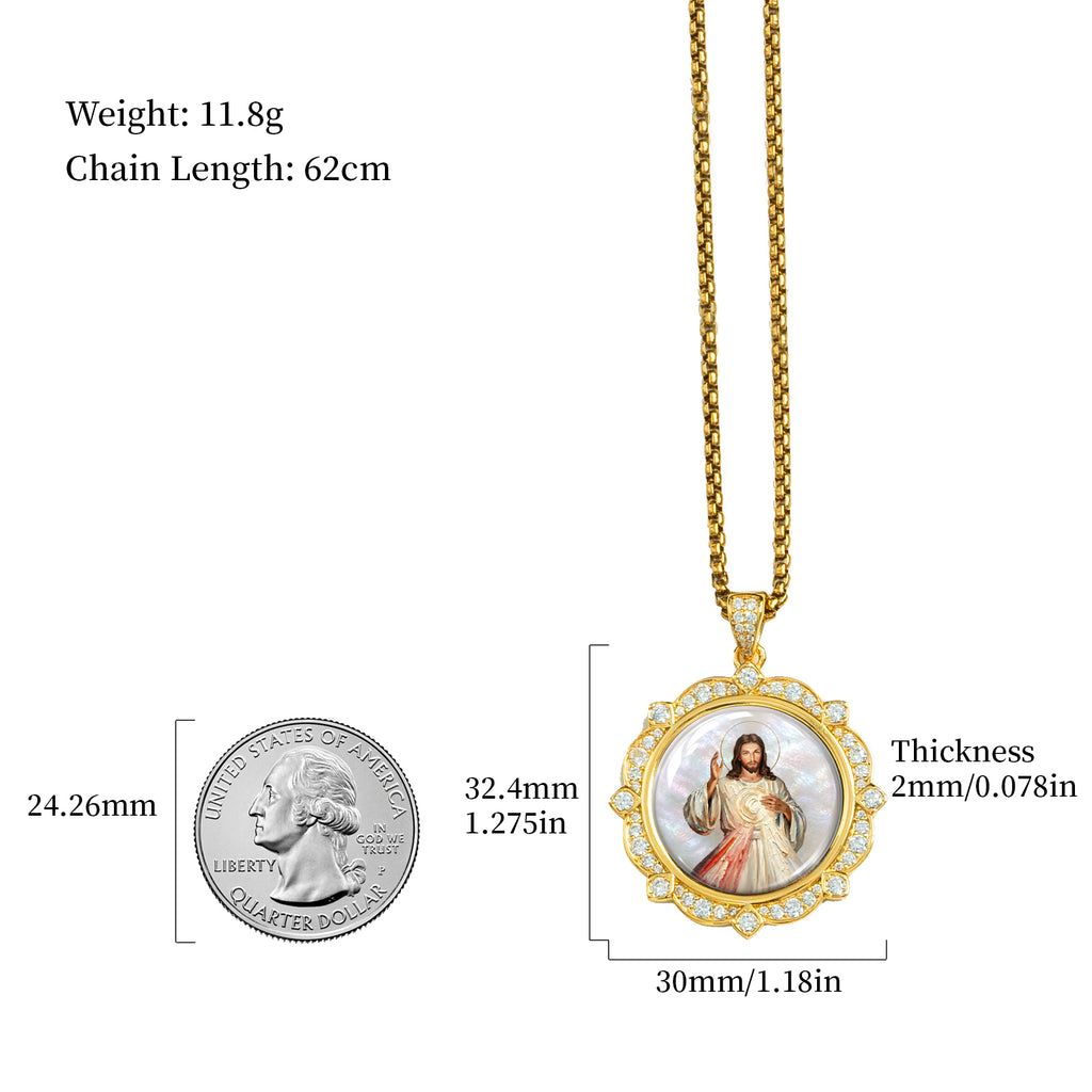 GIVELUCK Divine Mercy Jesus Christ Necklace for Men & Women, 18K Gold Plated Mother of Pearl Divine Mercy Jesus Christ Pendant with Zircon, Catholic Protection Jewelry Gift