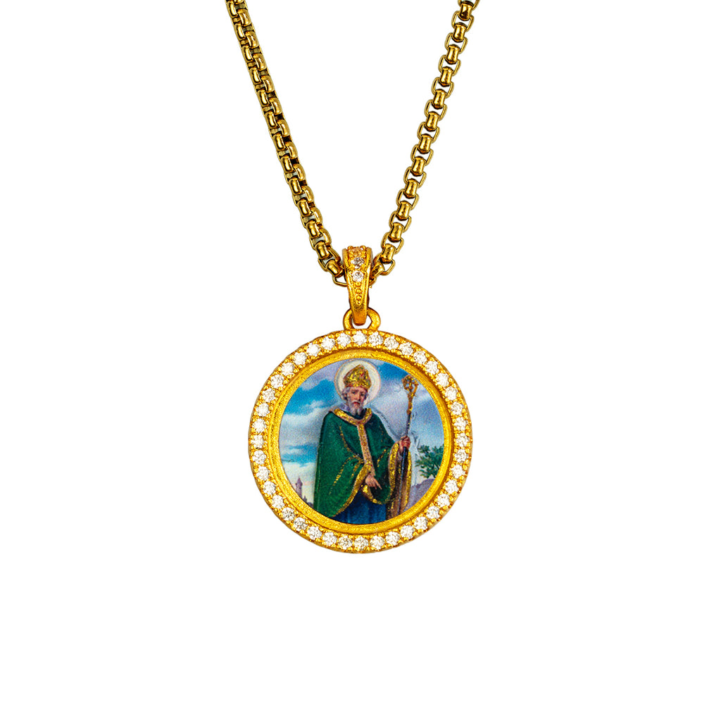GIVELUCK 18k Plated Gold Zircon Pendant Necklace Cameo Embossing Saint Patrick Devotional Medal for Men and Women