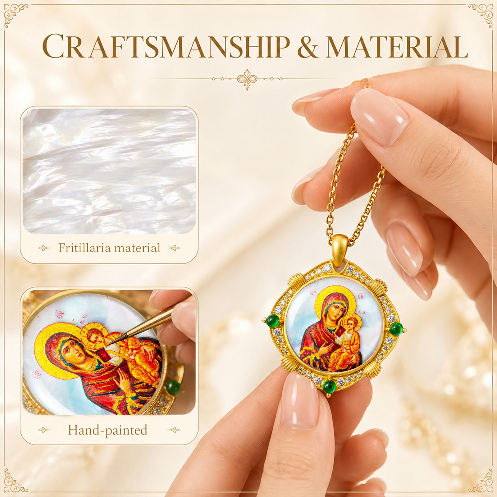 Theotokos of Kazan Mother of Pearl Oval Pendant Necklace, Orthodox Christian Icon Jewelry
