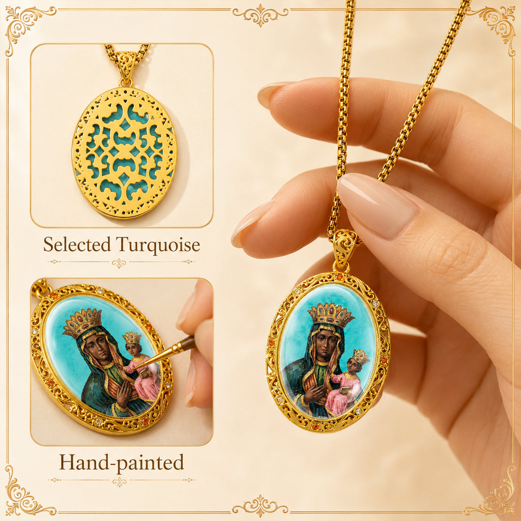 GIVELUCK Black Madonna Necklace for Men & Women, 18K Gold Plated Turquoise Black Madonna Pendant with Zircon, Catholic Protection Jewelry Gift