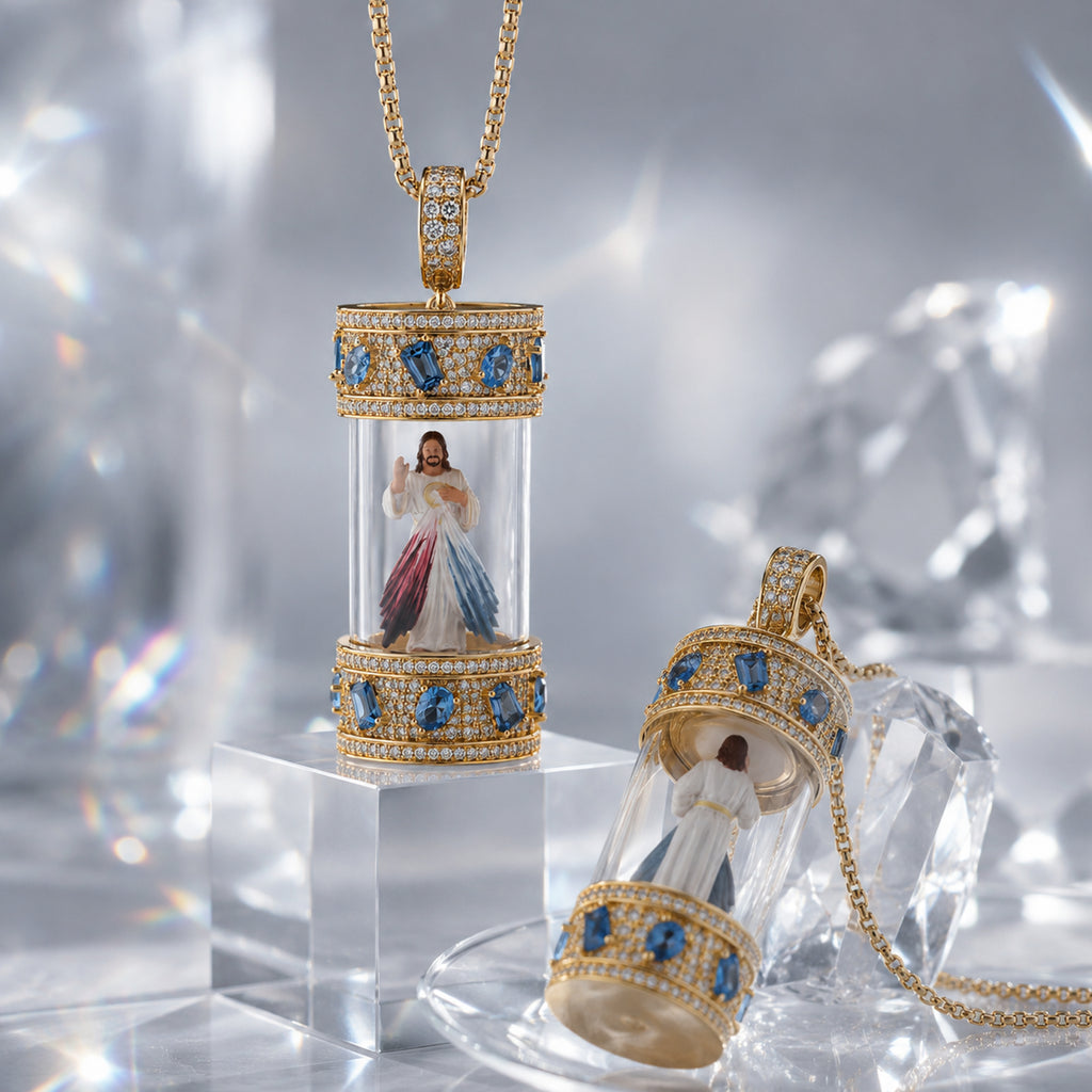 Divine Mercy Jesus Necklace, 18K Gold Plated Hand Painted Icon Pendant, Catholic Jewelry