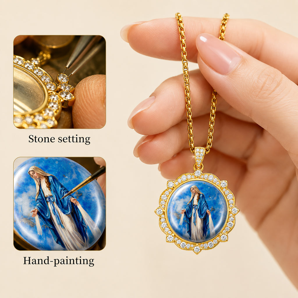 Miraculous Medal Necklace, Lapis Lazuli Pendant, 18K Gold Plated Catholic Jewelry (Round or Oval)