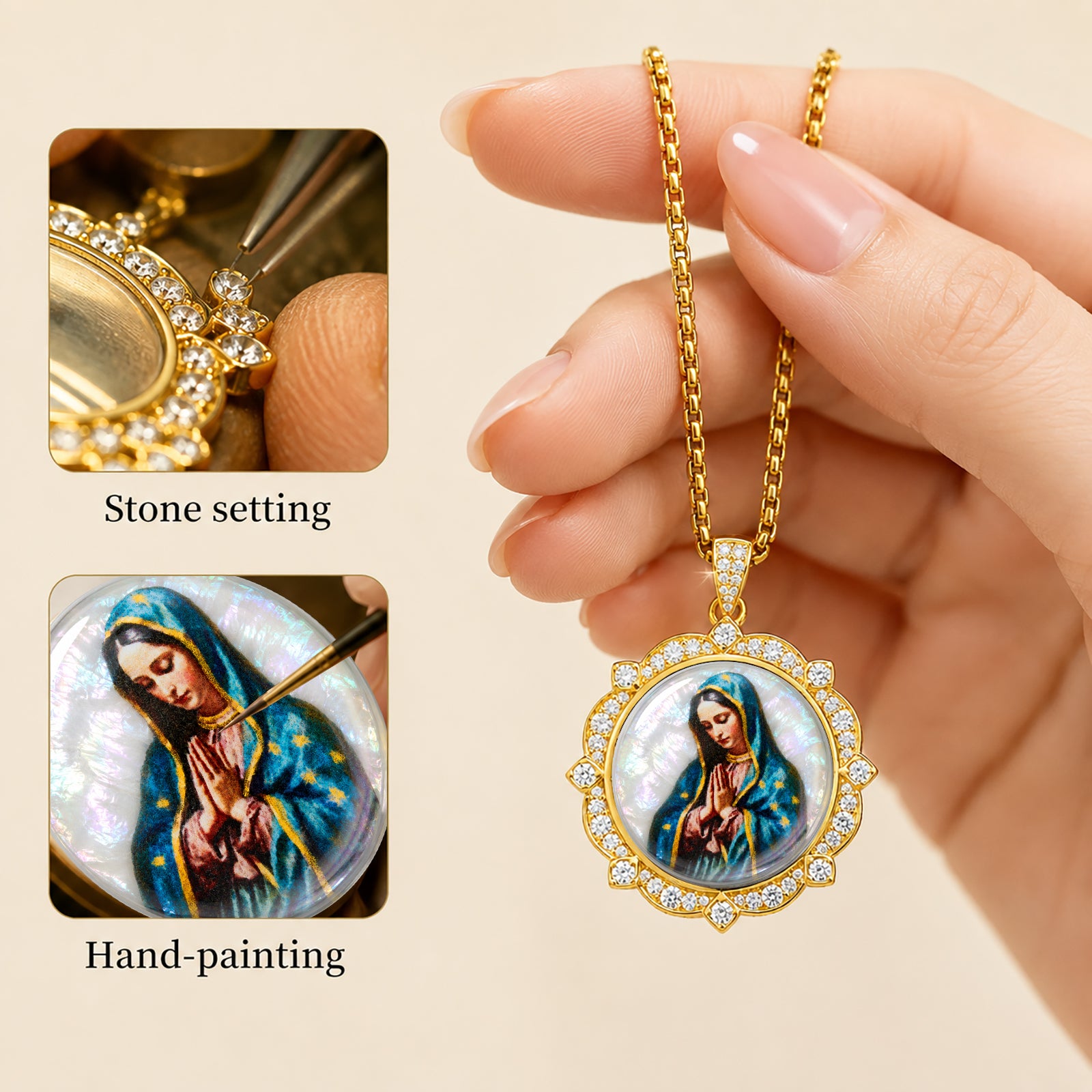 GIVELUCK Our Lady of Guadalupe Virgin Mary Miraculous Medal Necklace for Men & Women, 18K Gold Plated Mother of Pearl Saint Christopher Pendant with Zircon, Catholic Protection Jewelry Gift