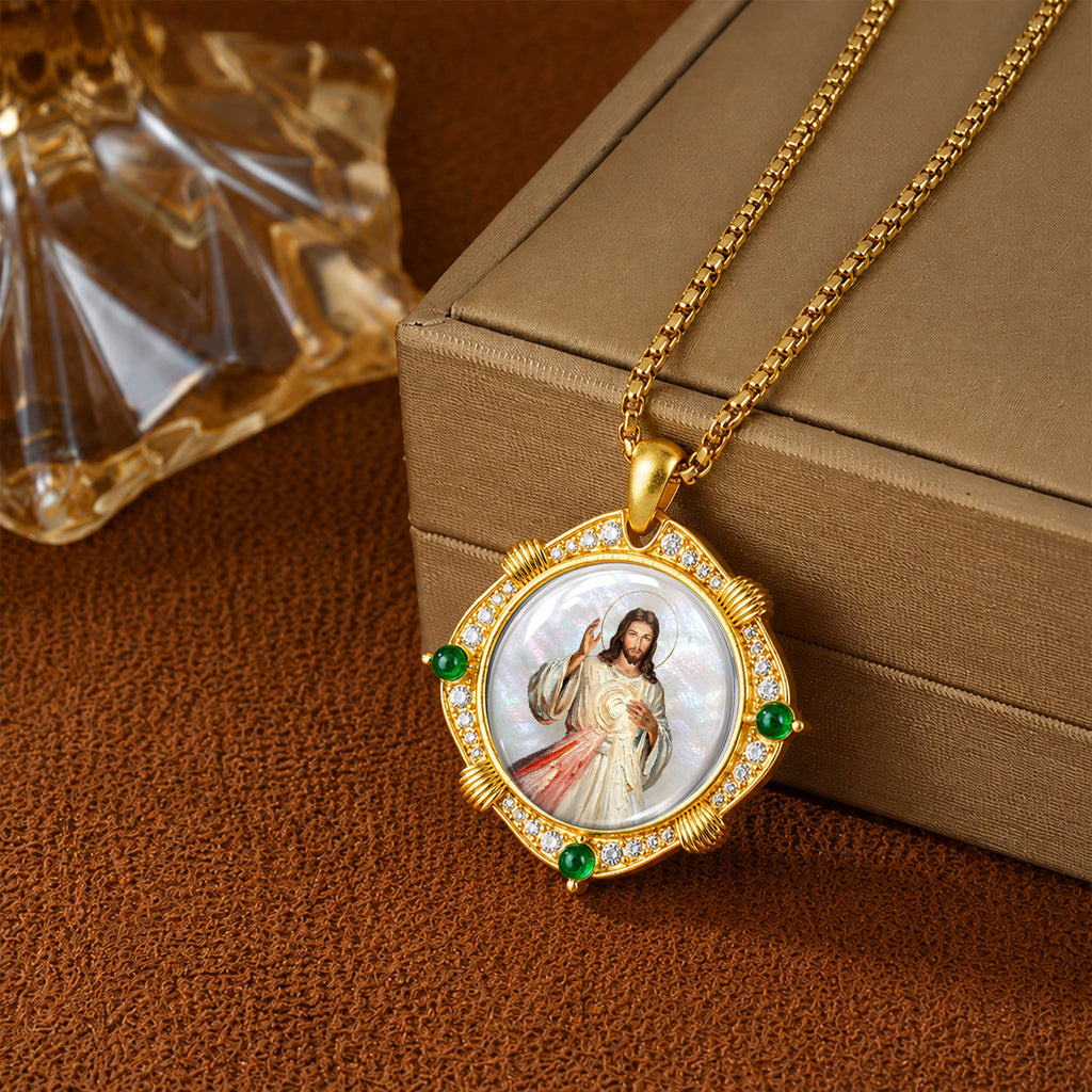 GIVELUCK Divine Mercy Jesus Christ Necklace for Men & Women, 18K Gold Plated Mother of Pearl Divine Mercy Jesus Christ Pendant with Zircon, Catholic Protection Jewelry Gift