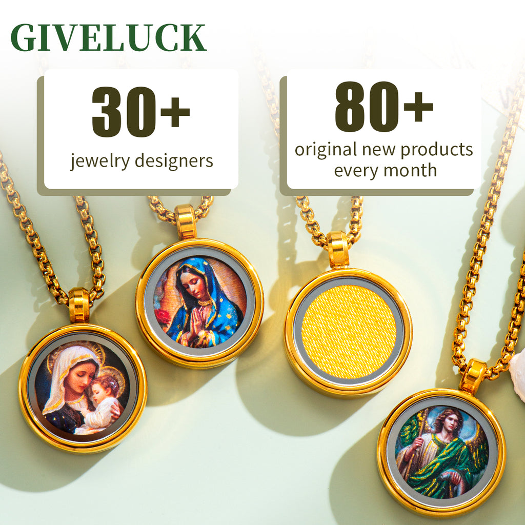 GIVELUCK 18k Plated Gold Pendant Necklace Enamel the Good Shepherd Jesus Christ Ruby Devotional Medal for Men and Women