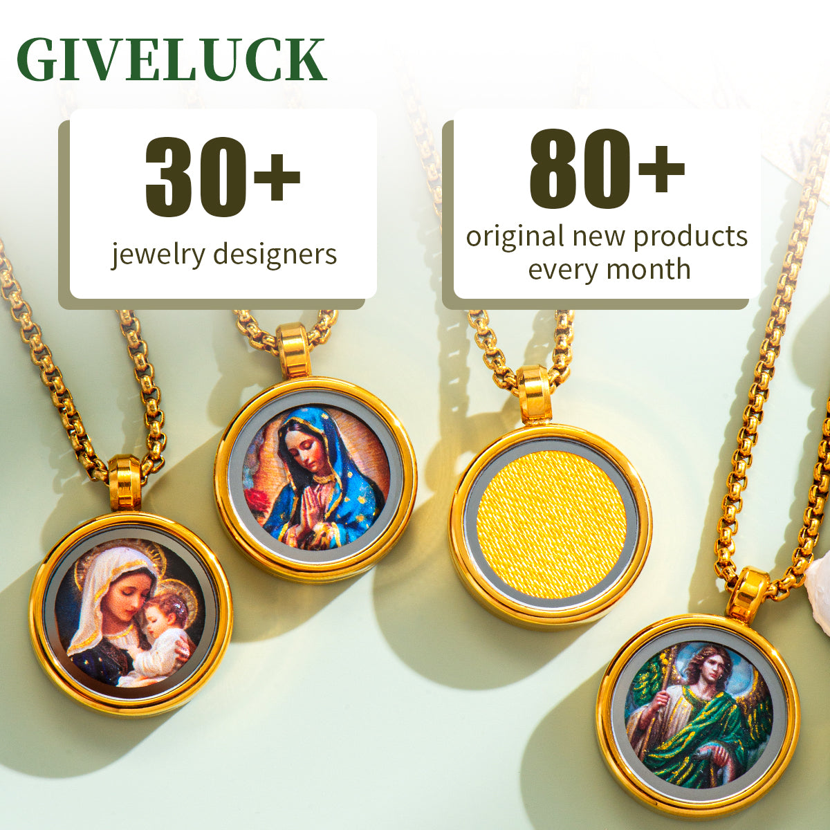 GIVELUCK 18k Plated Gold Pendant Necklace Enamel the Good Shepherd Jesus Christ Ruby Devotional Medal for Men and Women
