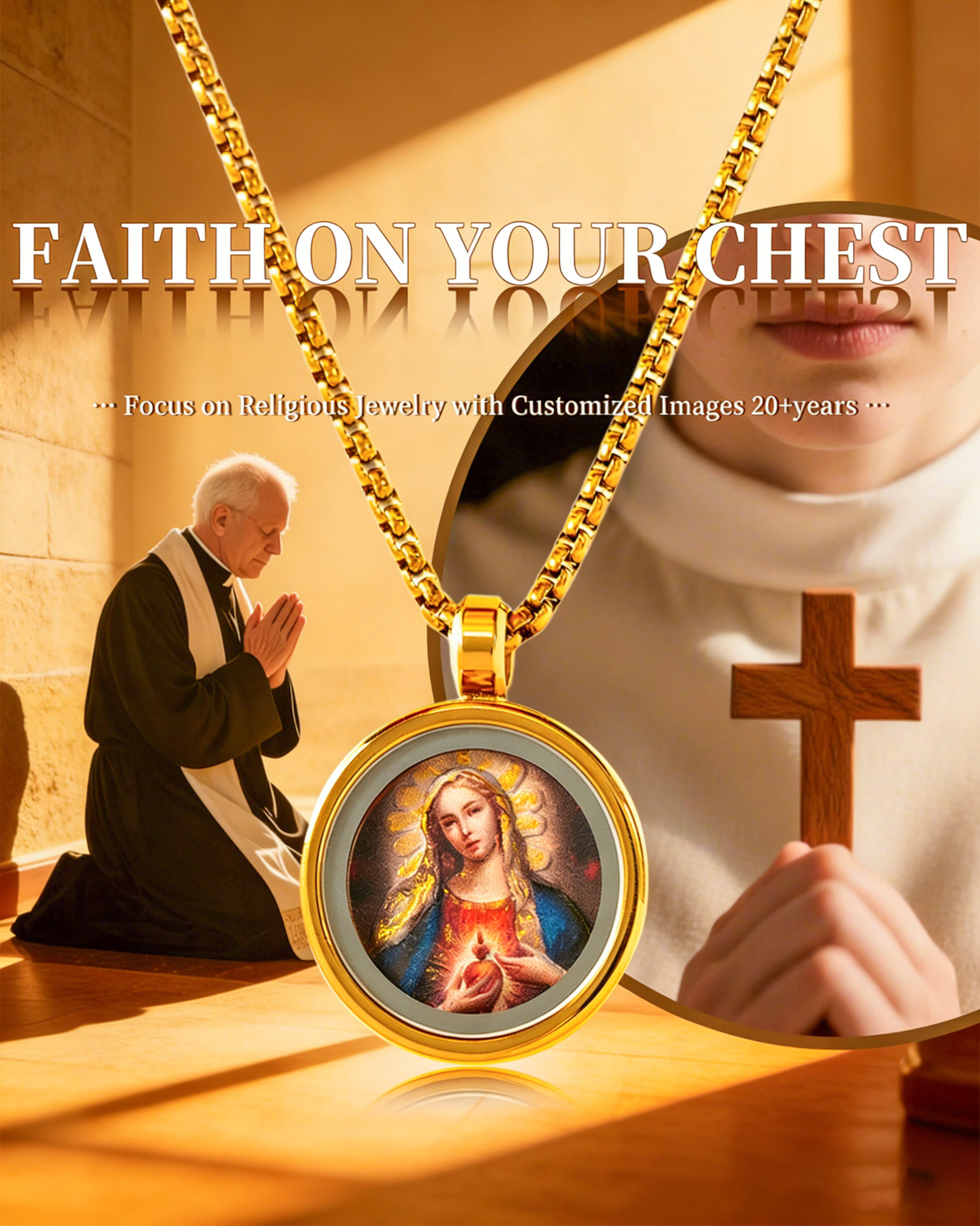 GIVELUCK 18k Plated Gold Catholic Saint Charbel Devotional Medal Cameo Embossing Pendant Necklace