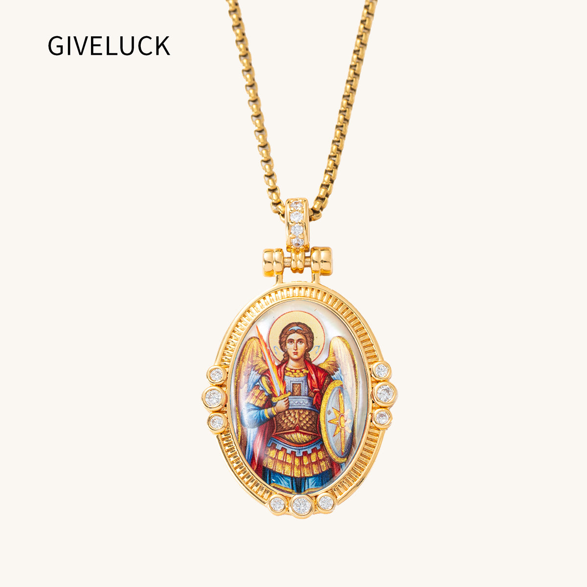 Hand-Painted Theotokos of Kazan Icon Necklace, Tiger's Eye, 18K Gold Plated, Orthodox Christian Jewelry