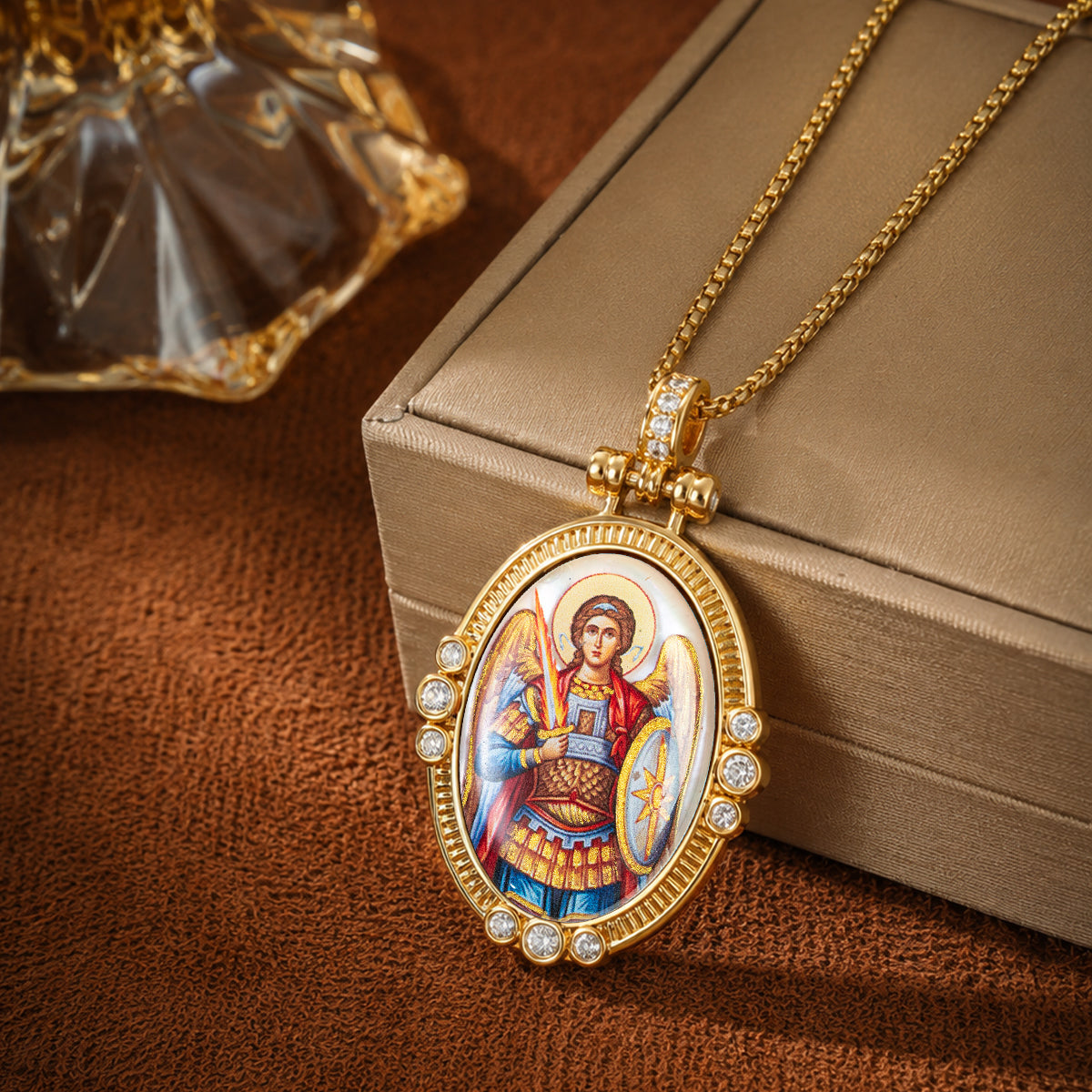 Hand-Painted Theotokos of Kazan Icon Necklace, Tiger's Eye, 18K Gold Plated, Orthodox Christian Jewelry