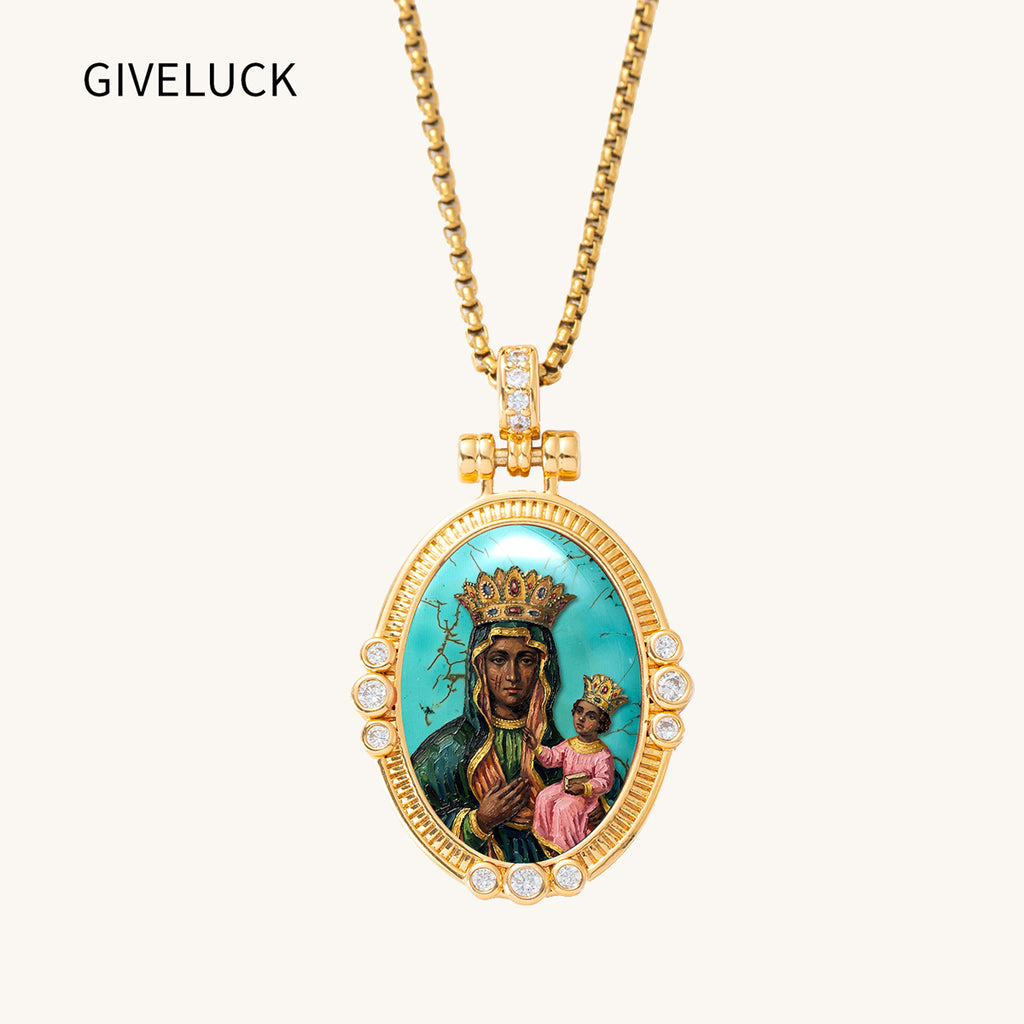 GIVELUCK Black Madonna Necklace for Men & Women, 18K Gold Plated Turquoise Black Madonna Pendant with Zircon, Catholic Protection Jewelry Gift