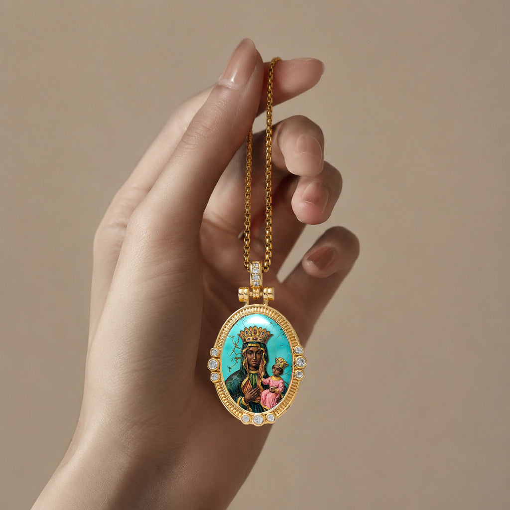 GIVELUCK Black Madonna Necklace for Men & Women, 18K Gold Plated Turquoise Black Madonna Pendant with Zircon, Catholic Protection Jewelry Gift