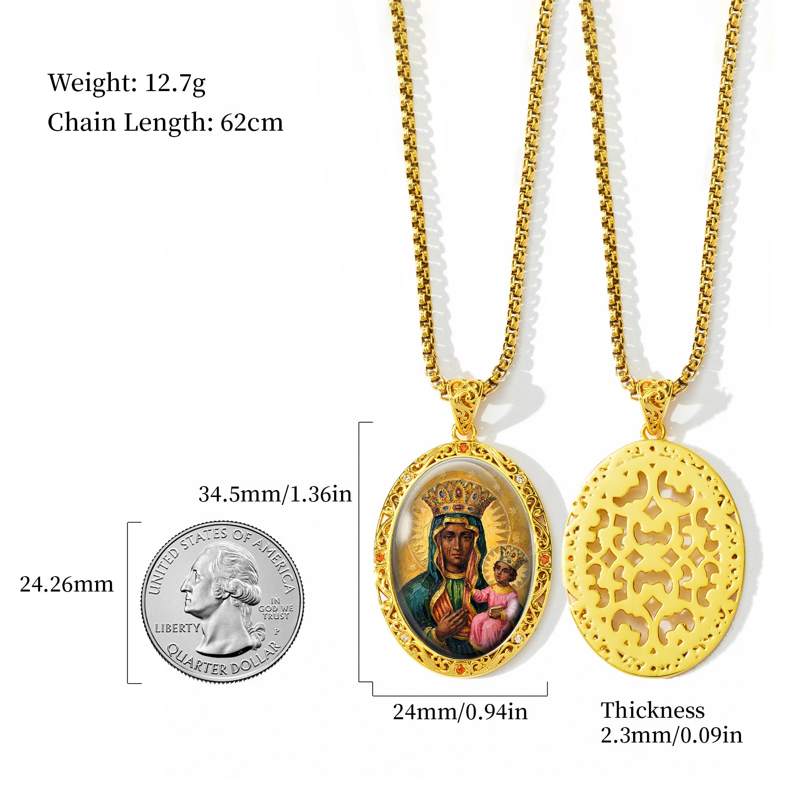 Black Madonna Enamel Pendant Necklace, 18K Gold Plated Virgin Mary Religious Jewelry