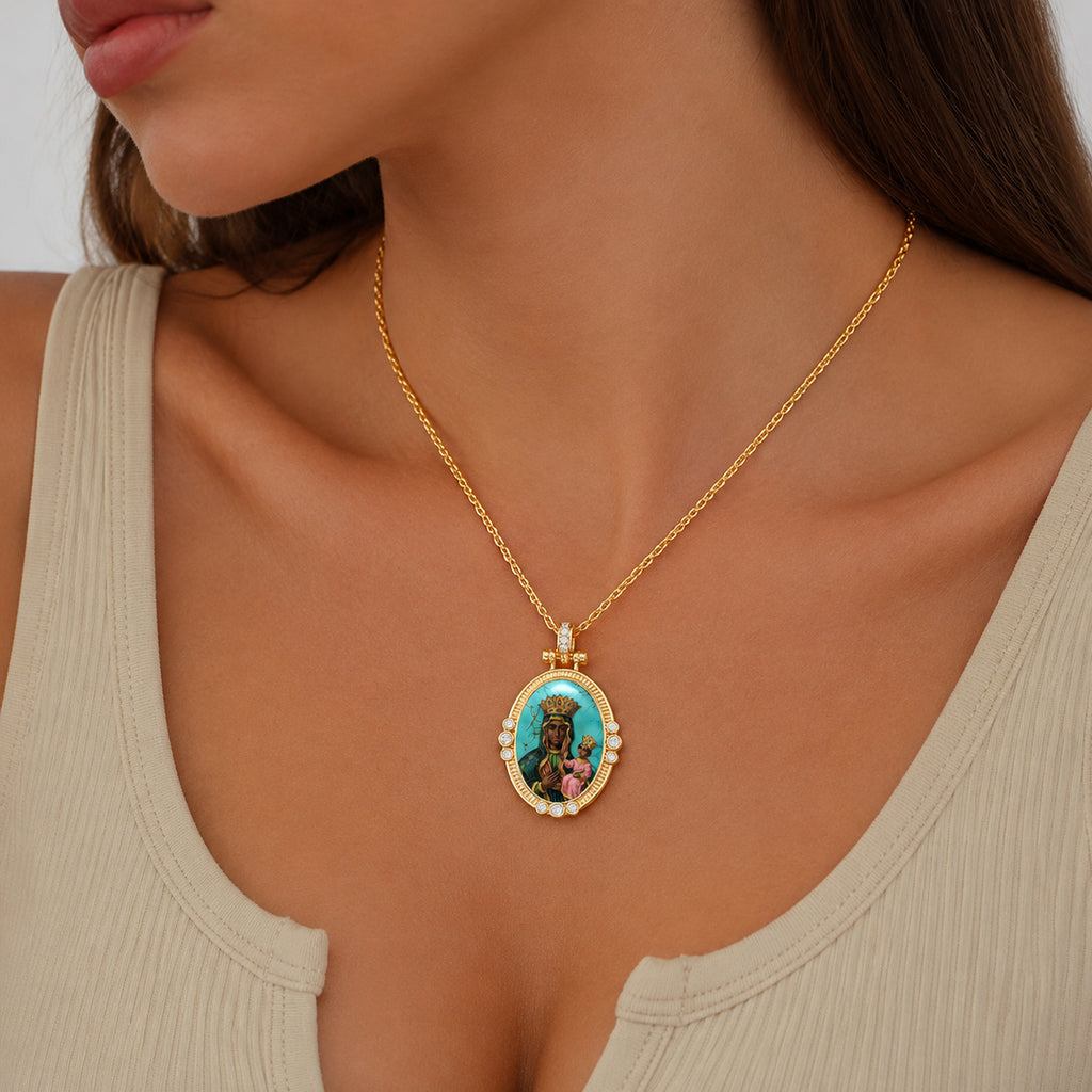 GIVELUCK Black Madonna Necklace for Men & Women, 18K Gold Plated Turquoise Black Madonna Pendant with Zircon, Catholic Protection Jewelry Gift