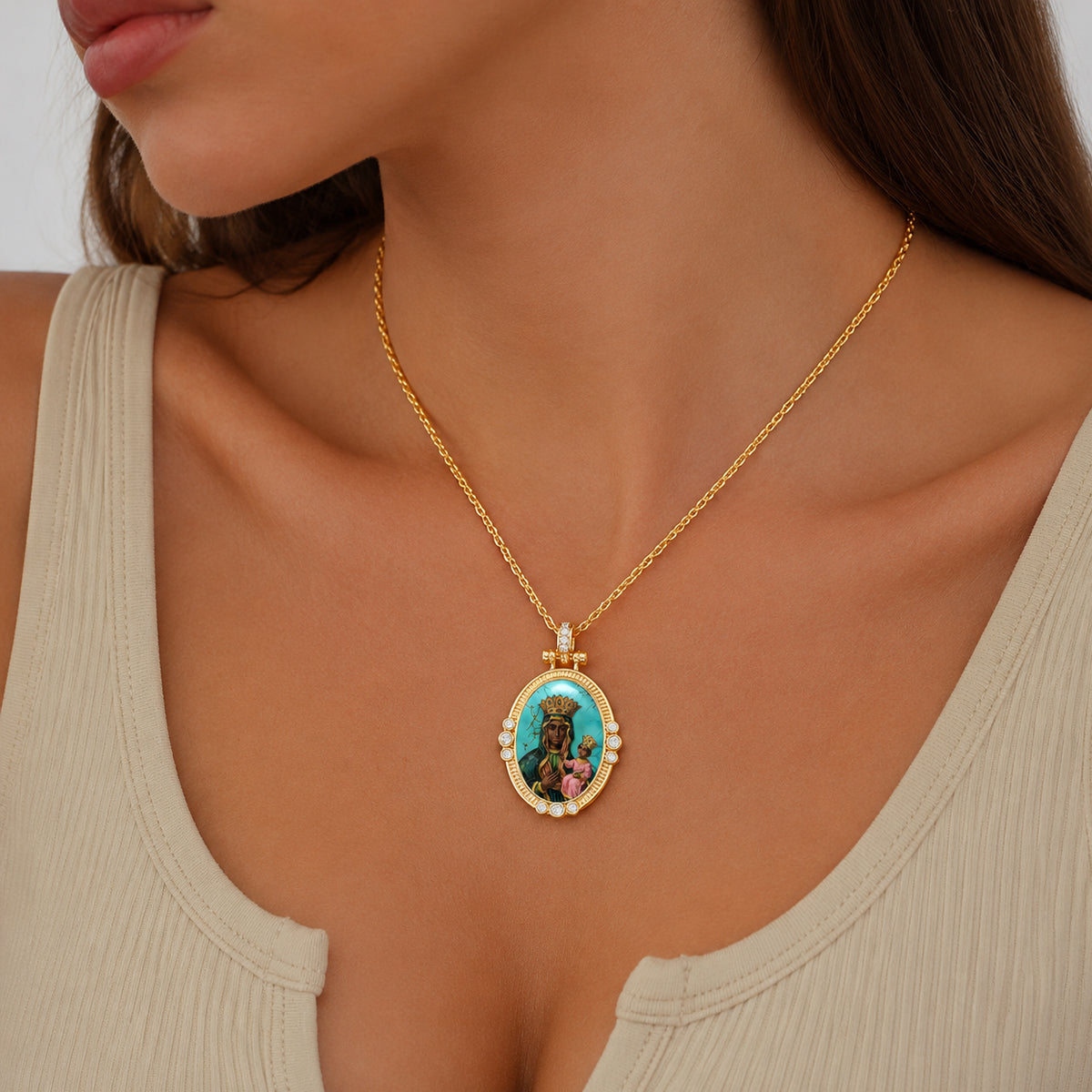 GIVELUCK Black Madonna Necklace for Men & Women, 18K Gold Plated Turquoise Black Madonna Pendant with Zircon, Catholic Protection Jewelry Gift