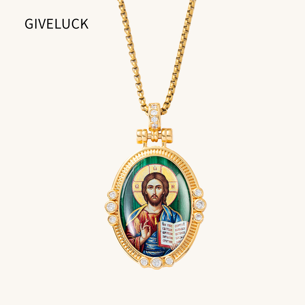 Hand-Painted Theotokos of Kazan Icon Necklace, Tiger's Eye, 18K Gold Plated, Orthodox Christian Jewelry