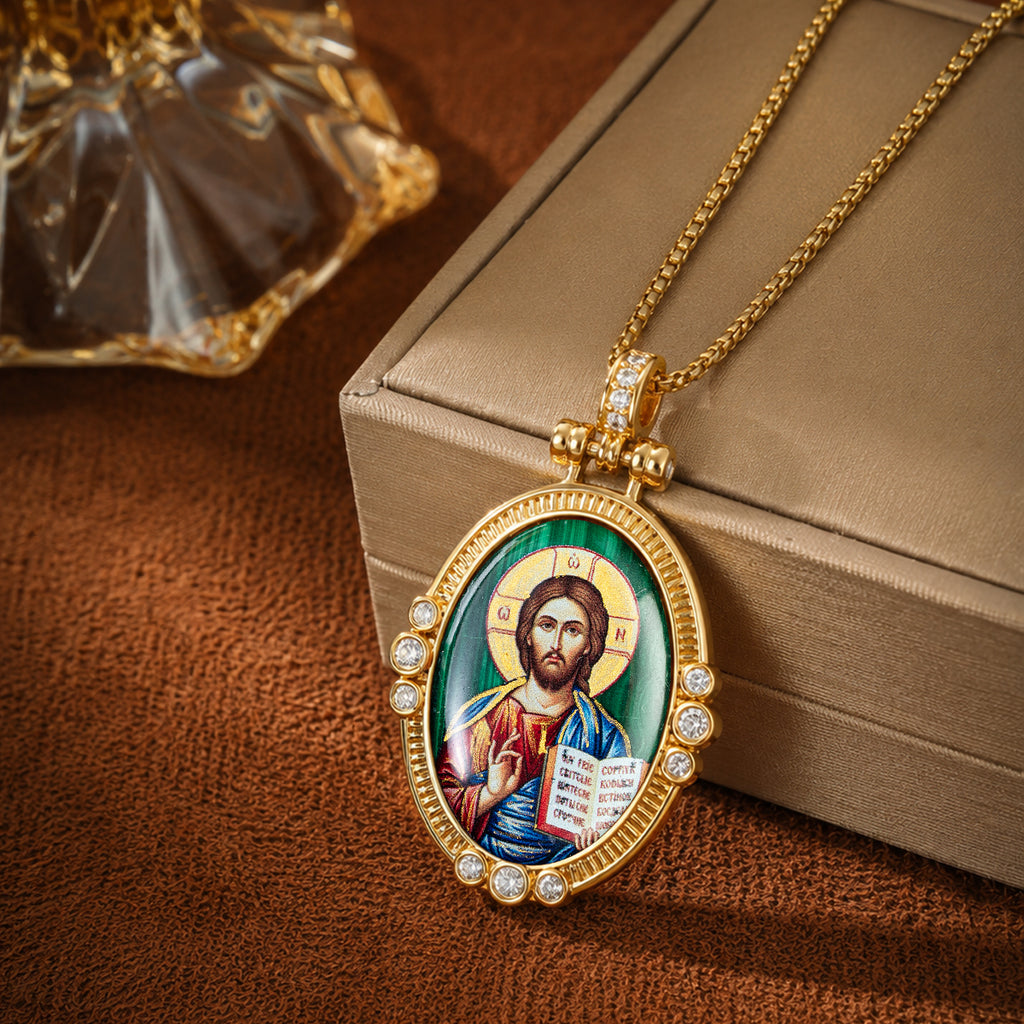 Hand-Painted Theotokos of Kazan Icon Necklace, Tiger's Eye, 18K Gold Plated, Orthodox Christian Jewelry