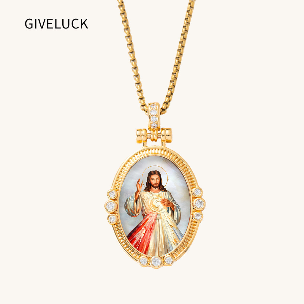 GIVELUCK Divine Mercy Jesus Christ Necklace for Men & Women, 18K Gold Plated Mother of Pearl Divine Mercy Jesus Christ Pendant with Zircon, Catholic Protection Jewelry Gift