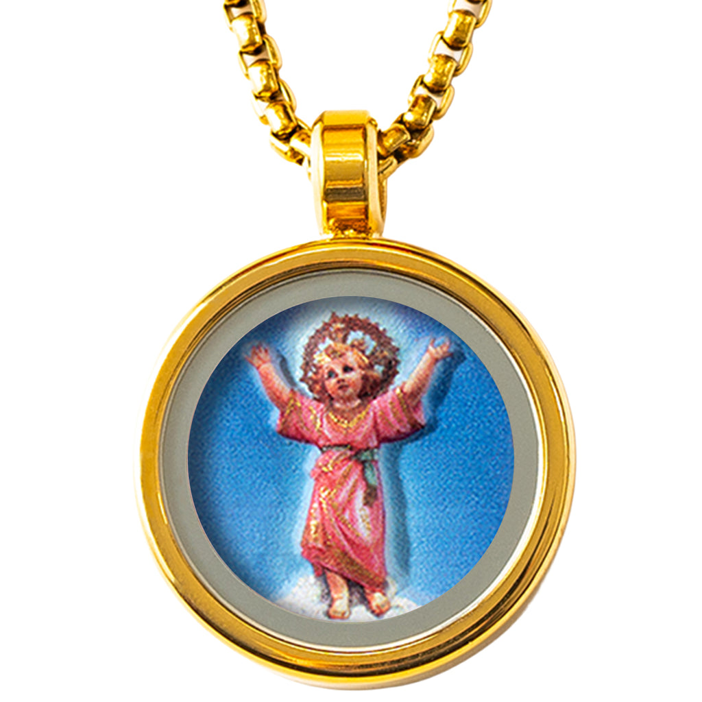 GIVELUCK 18k Plated Gold Pendant Necklace Cameo Embossing Catholic Medal Divino-Niño-Jesús Jesus Christ Devotional Medal for Men and Women