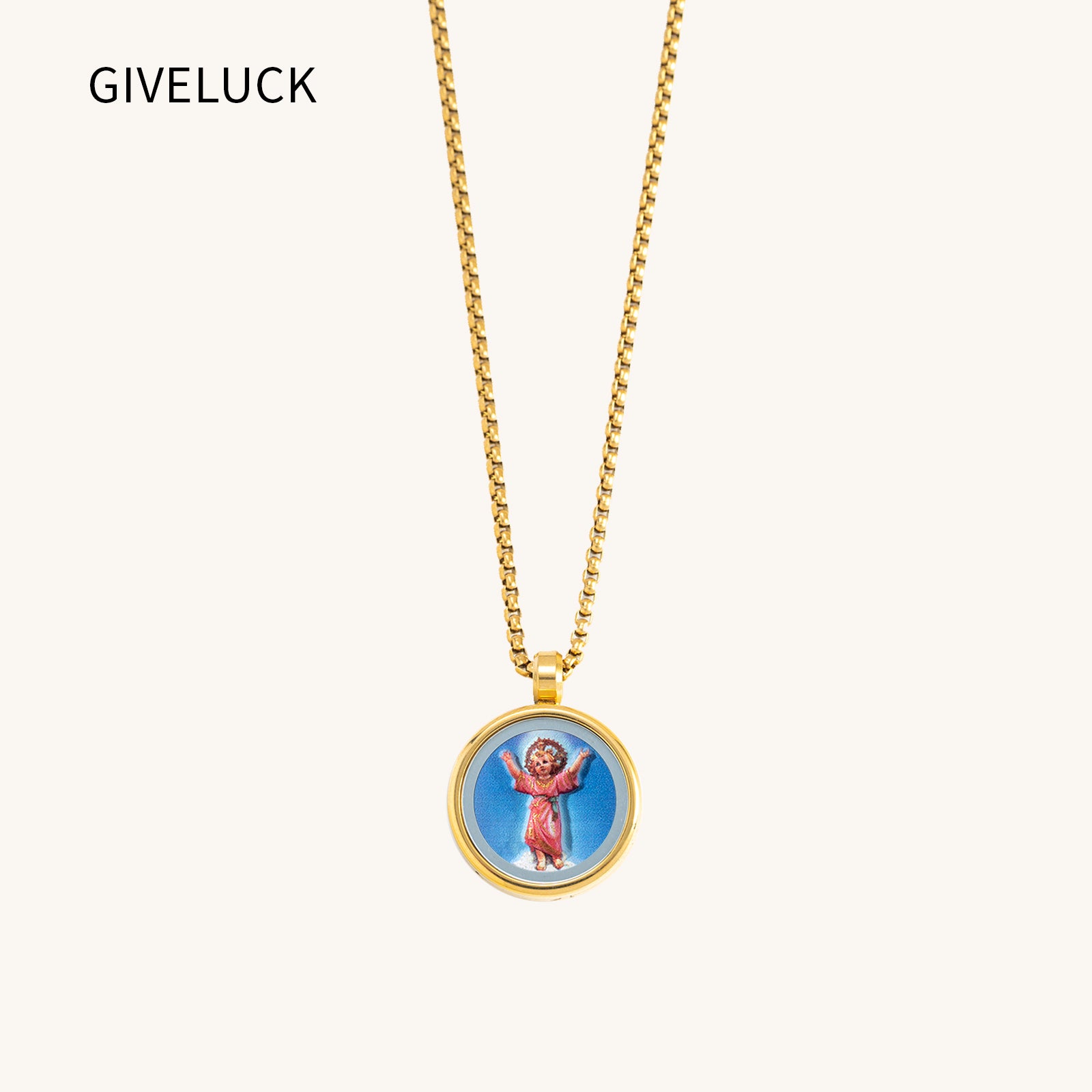 GIVELUCK 18k Plated Gold Pendant Necklace Cameo Embossing Catholic Medal Divino-Niño-Jesús Jesus Christ Devotional Medal for Men and Women