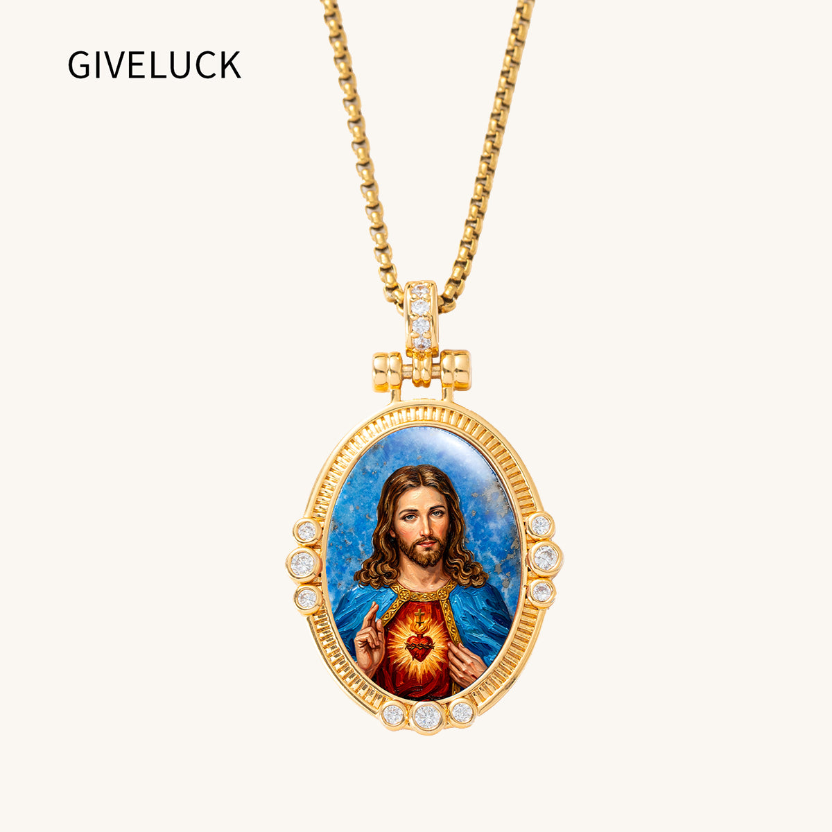 GIVELUCK Jesus Holy Heart Necklace for Men & Women, 18K Gold Plated Lapis Lazuli Jesus Holy Heart Pendant with Zircon, Catholic Protection Jewelry Gift