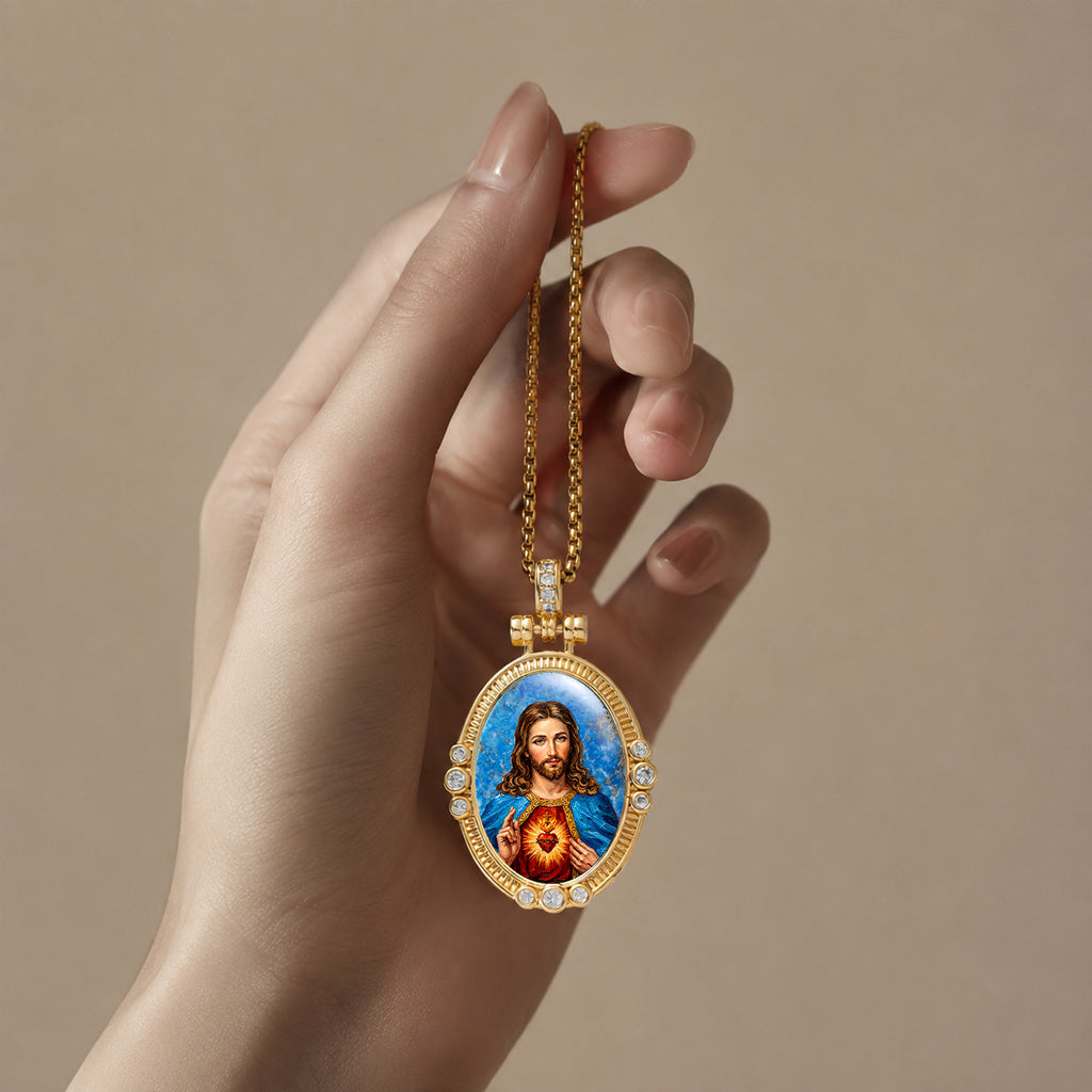 GIVELUCK Jesus Holy Heart Necklace for Men & Women, 18K Gold Plated Lapis Lazuli Jesus Holy Heart Pendant with Zircon, Catholic Protection Jewelry Gift