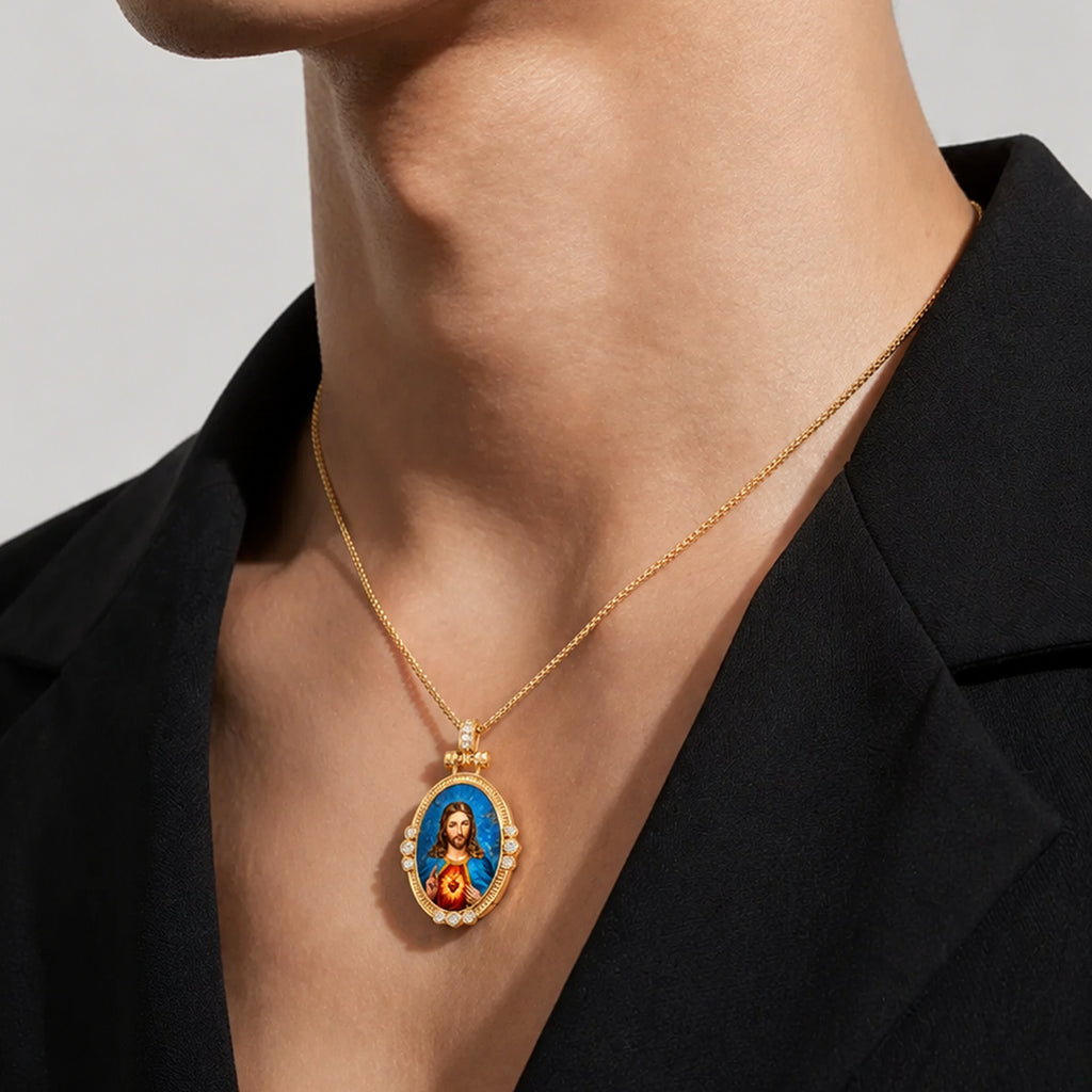GIVELUCK Jesus Holy Heart Necklace for Men & Women, 18K Gold Plated Lapis Lazuli Jesus Holy Heart Pendant with Zircon, Catholic Protection Jewelry Gift