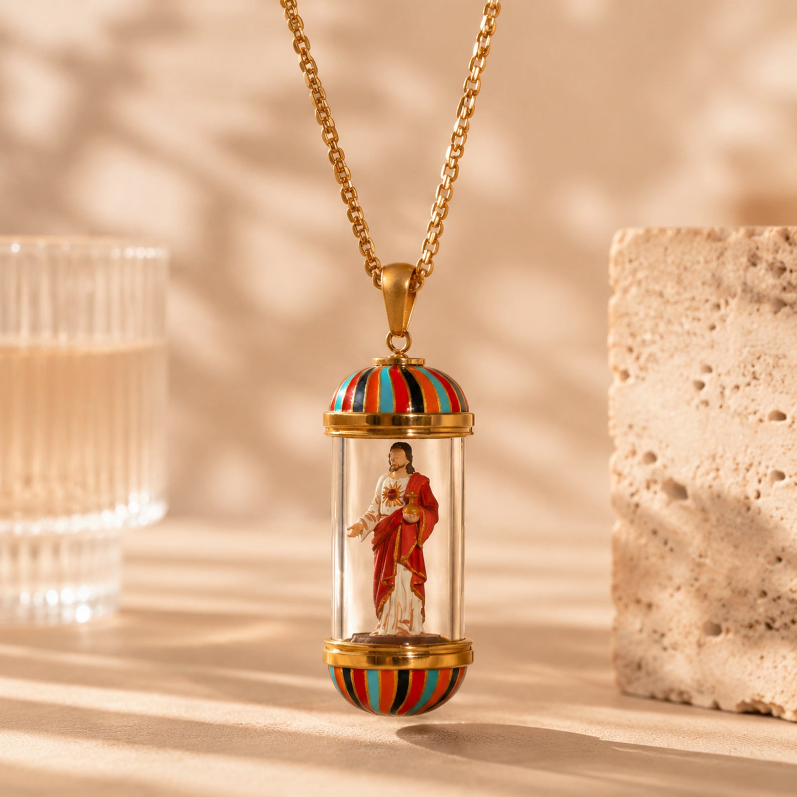 GIVELUCK 18K Gold Plated Saint Miniature Necklace, Jesus Devotional Medal, Hand‑Painted Sacred Art Faith Jewelry for Men and Women