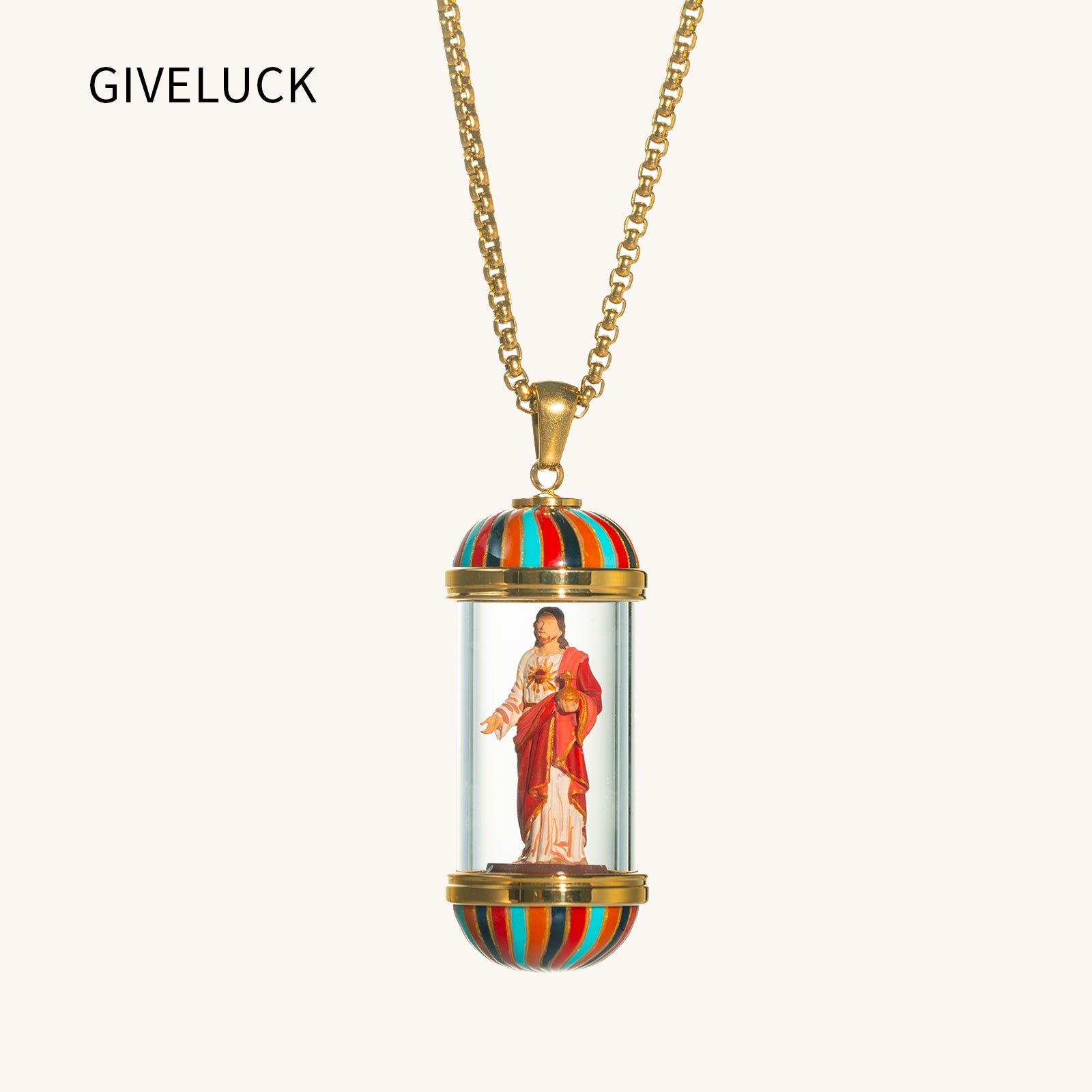GIVELUCK 18K Gold Plated Saint Miniature Necklace, Jesus Devotional Medal, Hand‑Painted Sacred Art Faith Jewelry for Men and Women