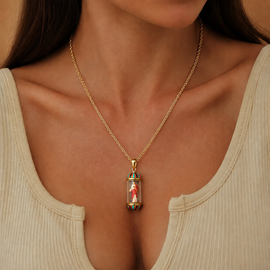 GIVELUCK 18K Gold Plated Saint Miniature Necklace, Jesus Devotional Medal, Hand‑Painted Sacred Art Faith Jewelry for Men and Women