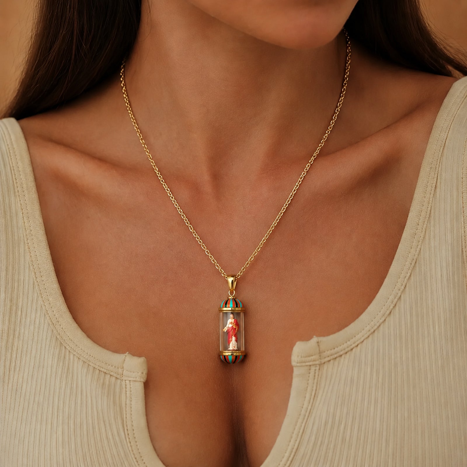 GIVELUCK 18K Gold Plated Saint Miniature Necklace, Jesus Devotional Medal, Hand‑Painted Sacred Art Faith Jewelry for Men and Women
