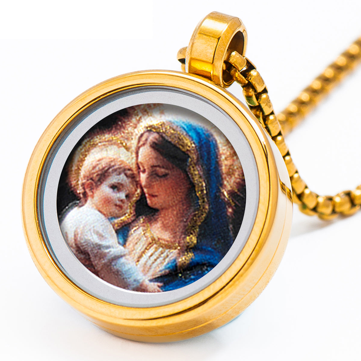 GIVELUCK 18k Plated Gold Virgin Mary Pendant Necklace for Women and Men Cameo Embossing Madonna and Child Devotional Medal for Man and Women