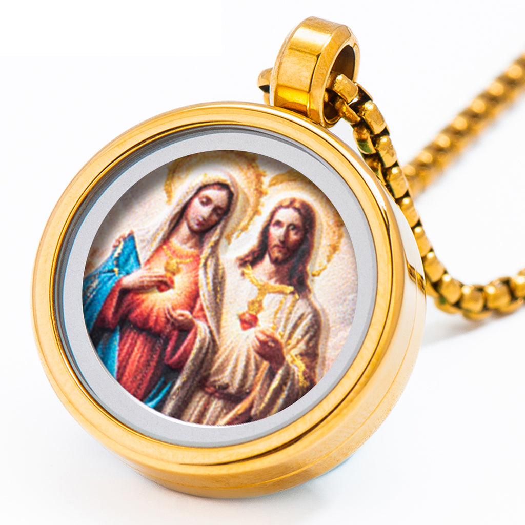 GIVELUCK 18k Plated Gold Stainless Steel Catholic Madonna-and-Jesus Devotional Medal Cameo Embossing Pendant Necklace for Women and Men