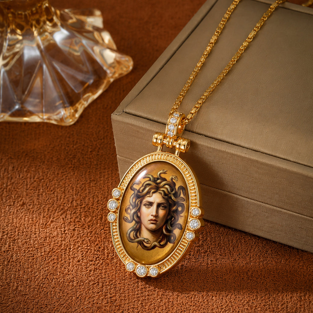 GIVELUCK Luxury 18K Gold Plated Medusa Pendant Necklace – Authentic Vitreous Fire Enamel Greek Mythology Medallion, Heritage Protection Amulet, Fine Cultural Iconography Gift for Her, Wife, Friends