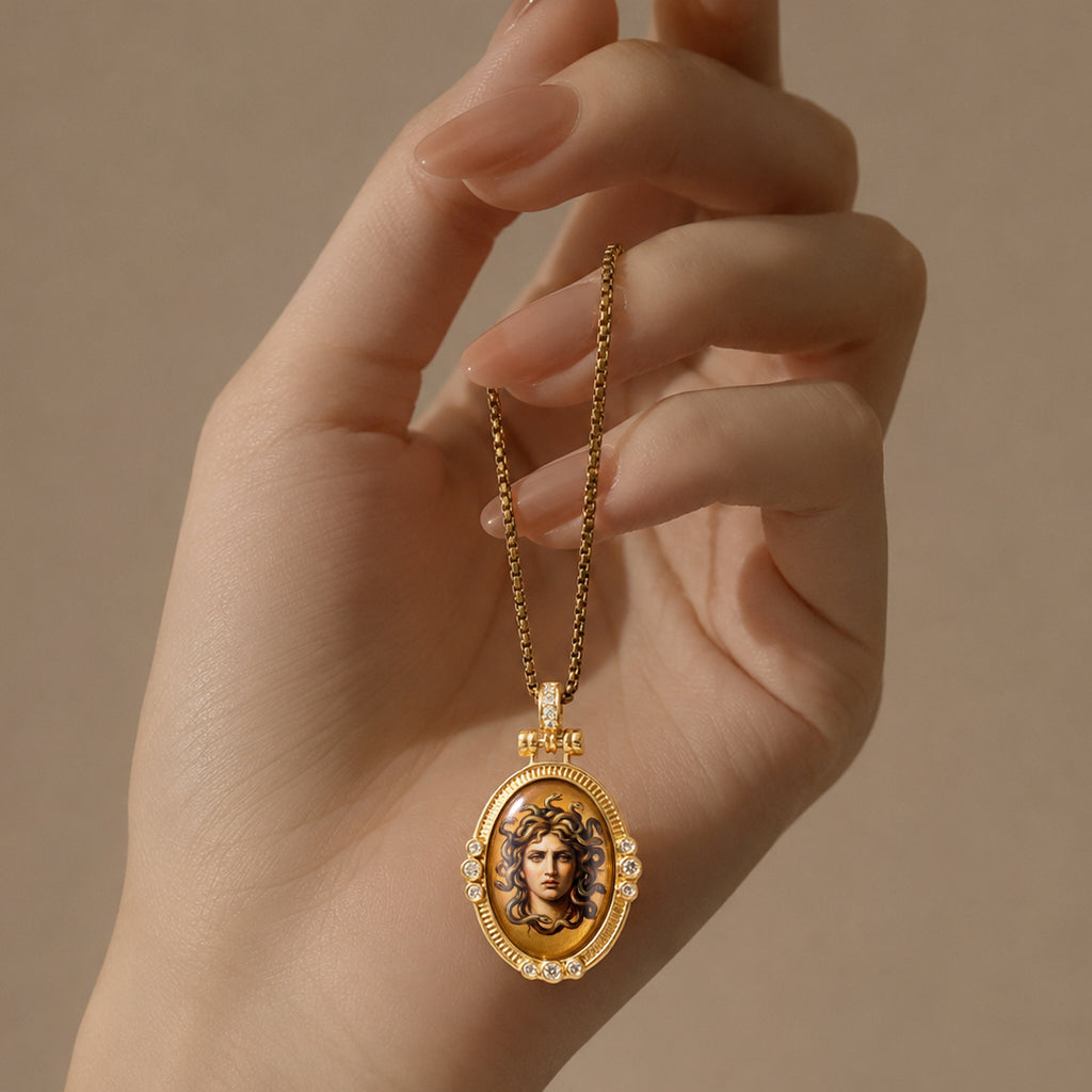 GIVELUCK Luxury 18K Gold Plated Medusa Pendant Necklace – Authentic Vitreous Fire Enamel Greek Mythology Medallion, Heritage Protection Amulet, Fine Cultural Iconography Gift for Her, Wife, Friends
