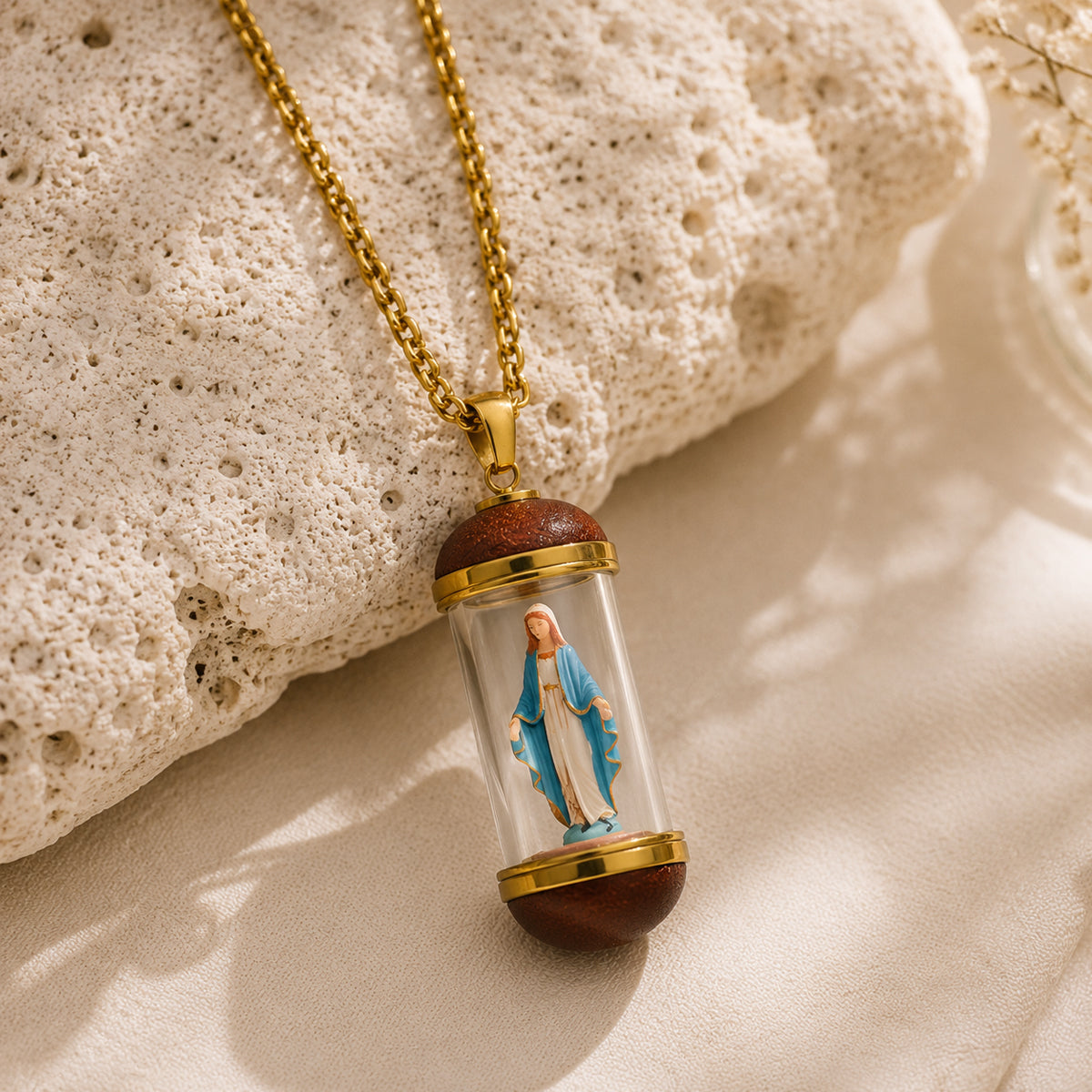 GIVELUCK 18K Gold Plated Saint Miniature Necklace, Virgin Mary Miraculous Medal, Shimmering rainbow finish, Hand‑Painted Sacred Art Faith Jewelry for Men and Women